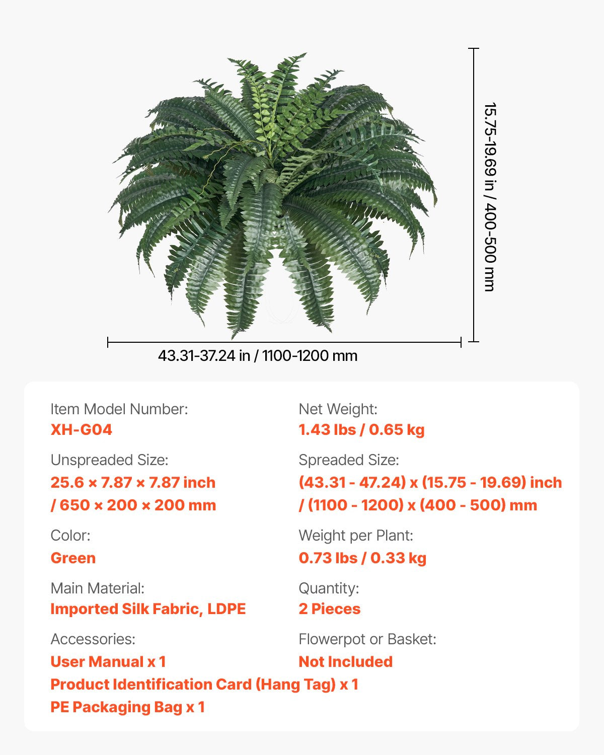 Large Artificial Boston Ferns - 2 Pack, 43-47 Inch Spread, 50 Branches, Lifelike Hanging Decor for Home & Office, No Pot Included
