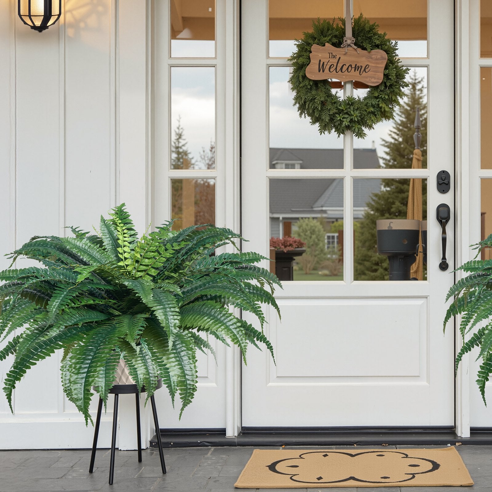 Large Artificial Boston Ferns - 2 Pack, 43-47 Inch Spread, 50 Branches, Lifelike Hanging Decor for Home & Office, No Pot Included