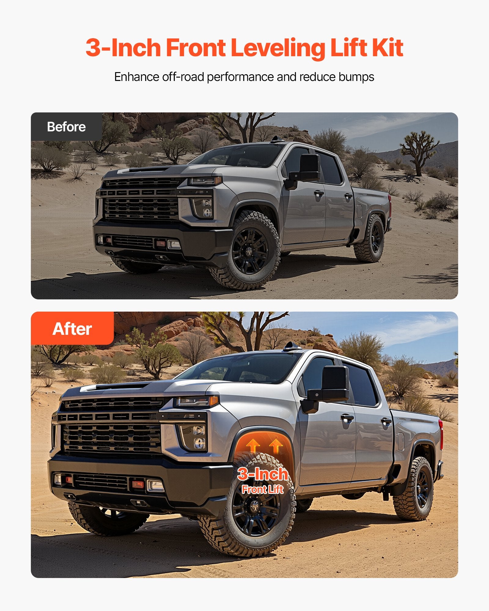 3" Front Leveling Lift Kit for 01-10 Chevy Silverado/GMC Sierra HD, Torsion Bar Keys & Shock Brackets, High-Strength CNC Machined Suspension Upgrade