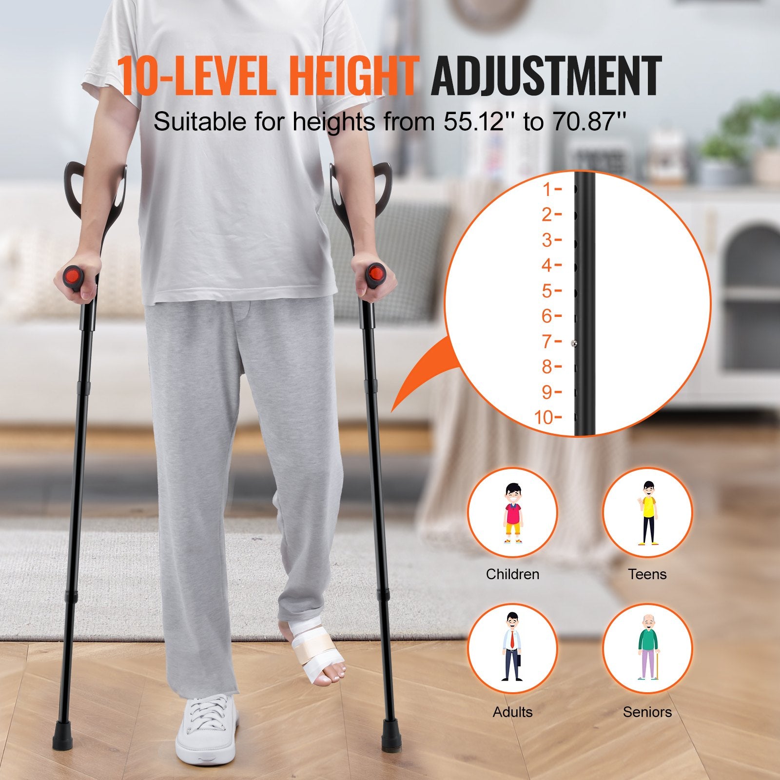 Folding Forearm Crutches for Adults - Lightweight, Adjustable 10-Level Aluminum Crutches with Open Cuff, Non-Slip Safe Design for Leg Injuries, 350LBS Capacity