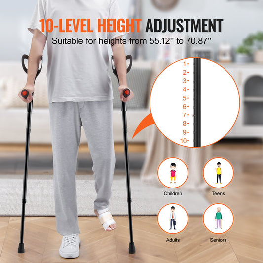 Folding Forearm Crutches for Adults - Lightweight, Adjustable 10-Level Aluminum Crutches with Open Cuff, Non-Slip Safe Design for Leg Injuries, 350LBS Capacity