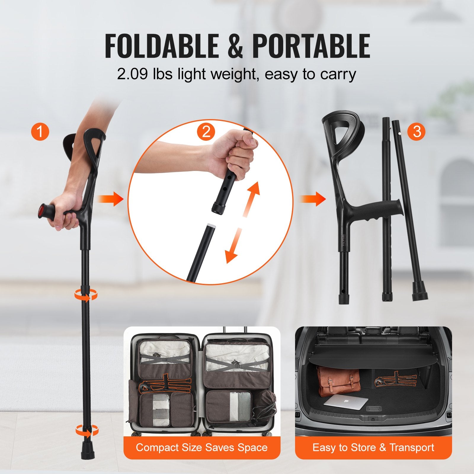 Folding Forearm Crutches for Adults - Lightweight, Adjustable 10-Level Aluminum Crutches with Open Cuff, Non-Slip Safe Design for Leg Injuries, 350LBS Capacity