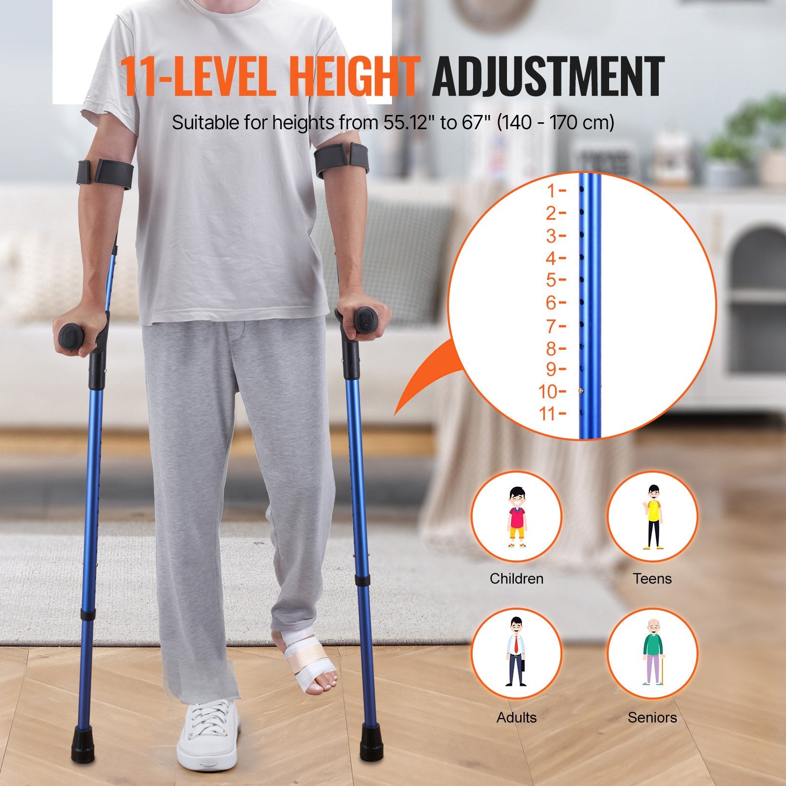 Lightweight Adjustable Forearm Crutches for Adults, 11-Level Height, 4-Level Cuff, Non-Slip, Aluminum Support for Leg Injury and Surgery Recovery, 350LBS Capacity