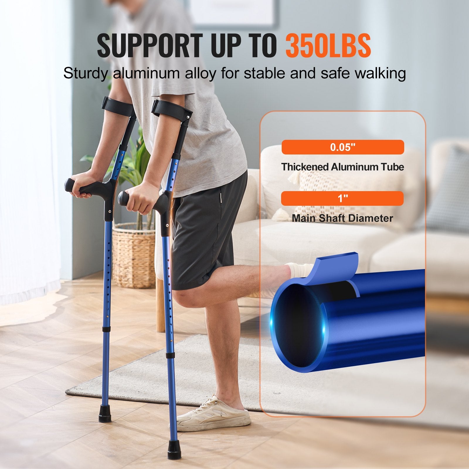 Lightweight Adjustable Forearm Crutches for Adults, 11-Level Height, 4-Level Cuff, Non-Slip, Aluminum Support for Leg Injury and Surgery Recovery, 350LBS Capacity