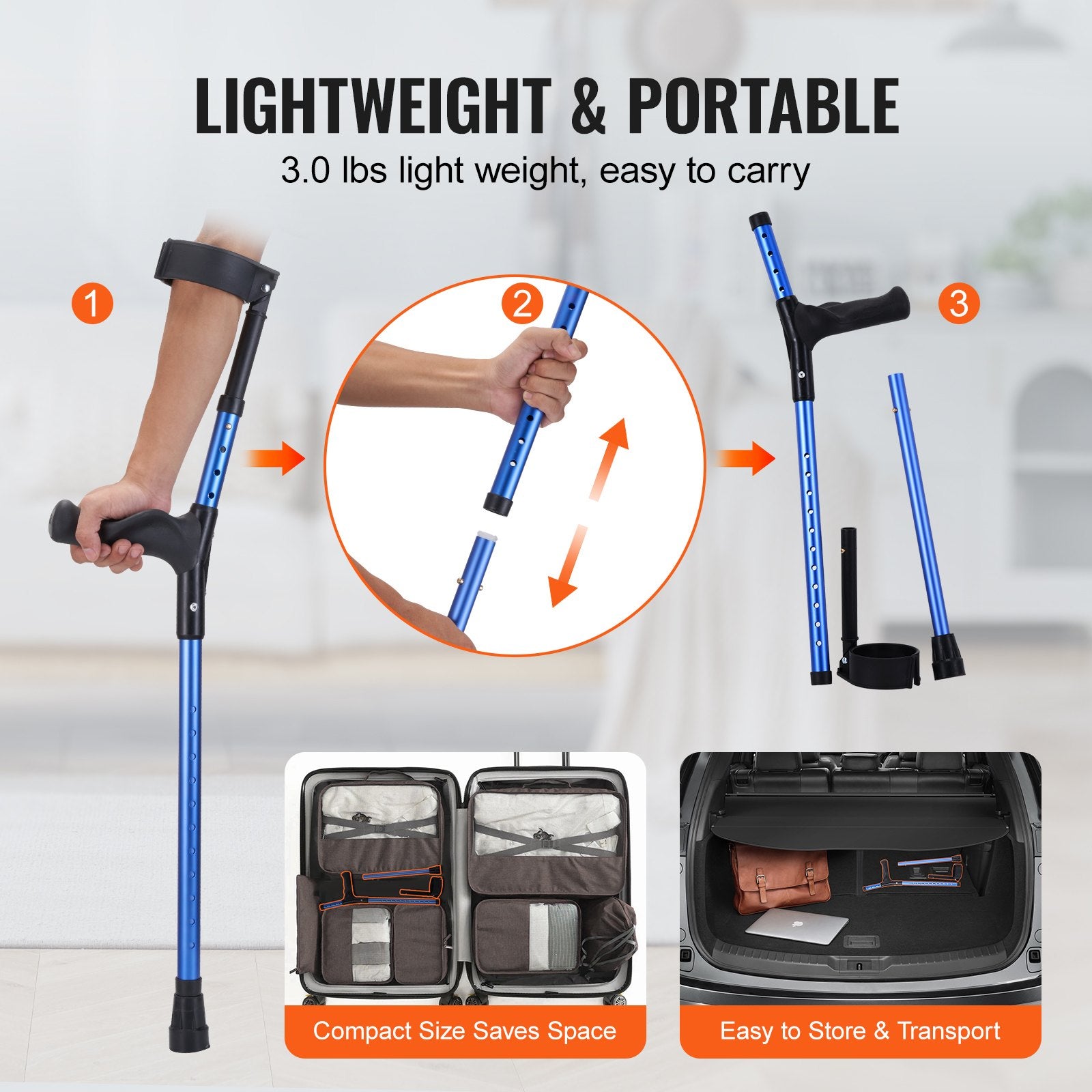 Lightweight Adjustable Forearm Crutches for Adults, 11-Level Height, 4-Level Cuff, Non-Slip, Aluminum Support for Leg Injury and Surgery Recovery, 350LBS Capacity