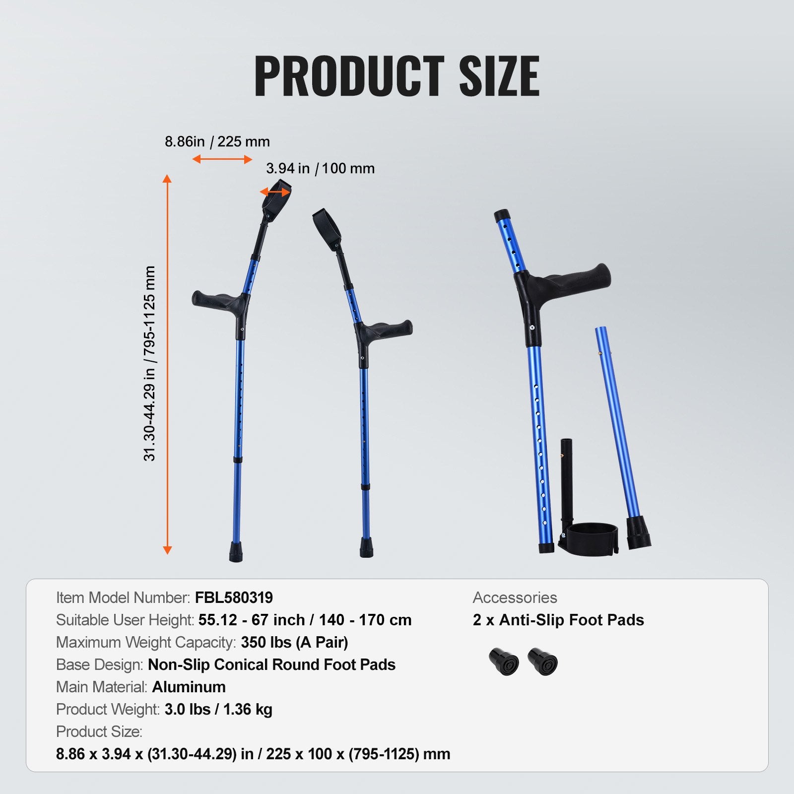 Lightweight Adjustable Forearm Crutches for Adults, 11-Level Height, 4-Level Cuff, Non-Slip, Aluminum Support for Leg Injury and Surgery Recovery, 350LBS Capacity