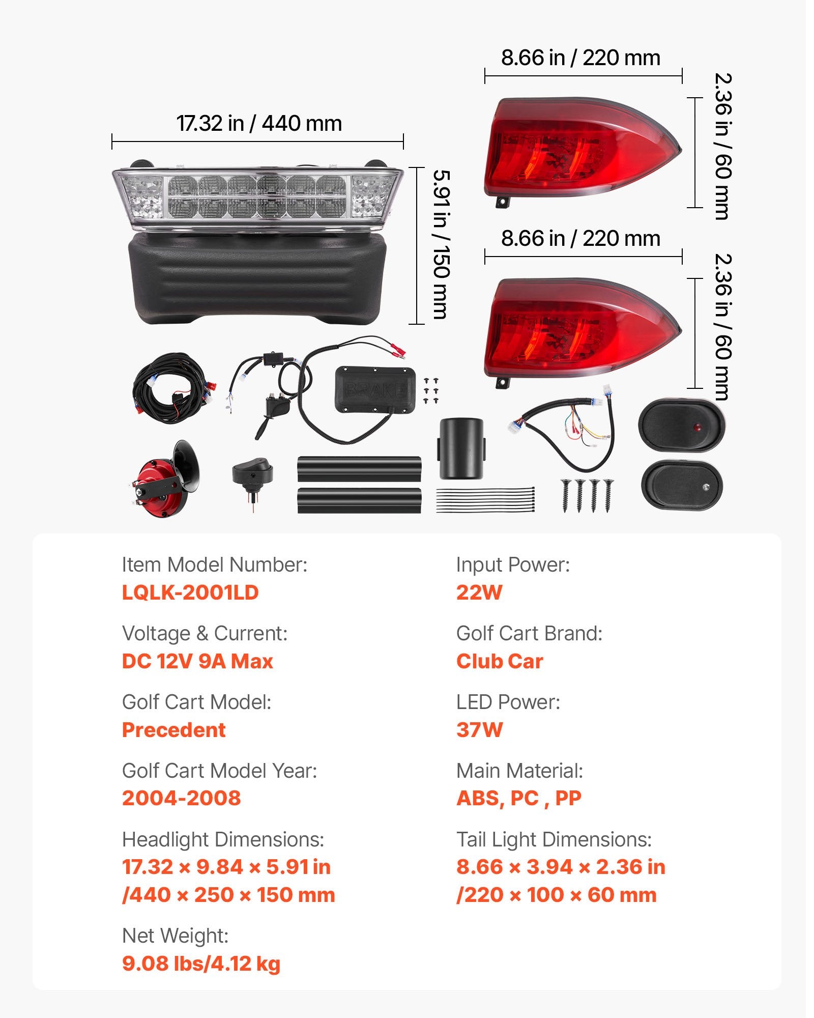 Street Legal LED Light Kit for Club Car Precedent (2004-2008) - Headlight & Taillight, Turn Signals, Horn, and ABS Housing