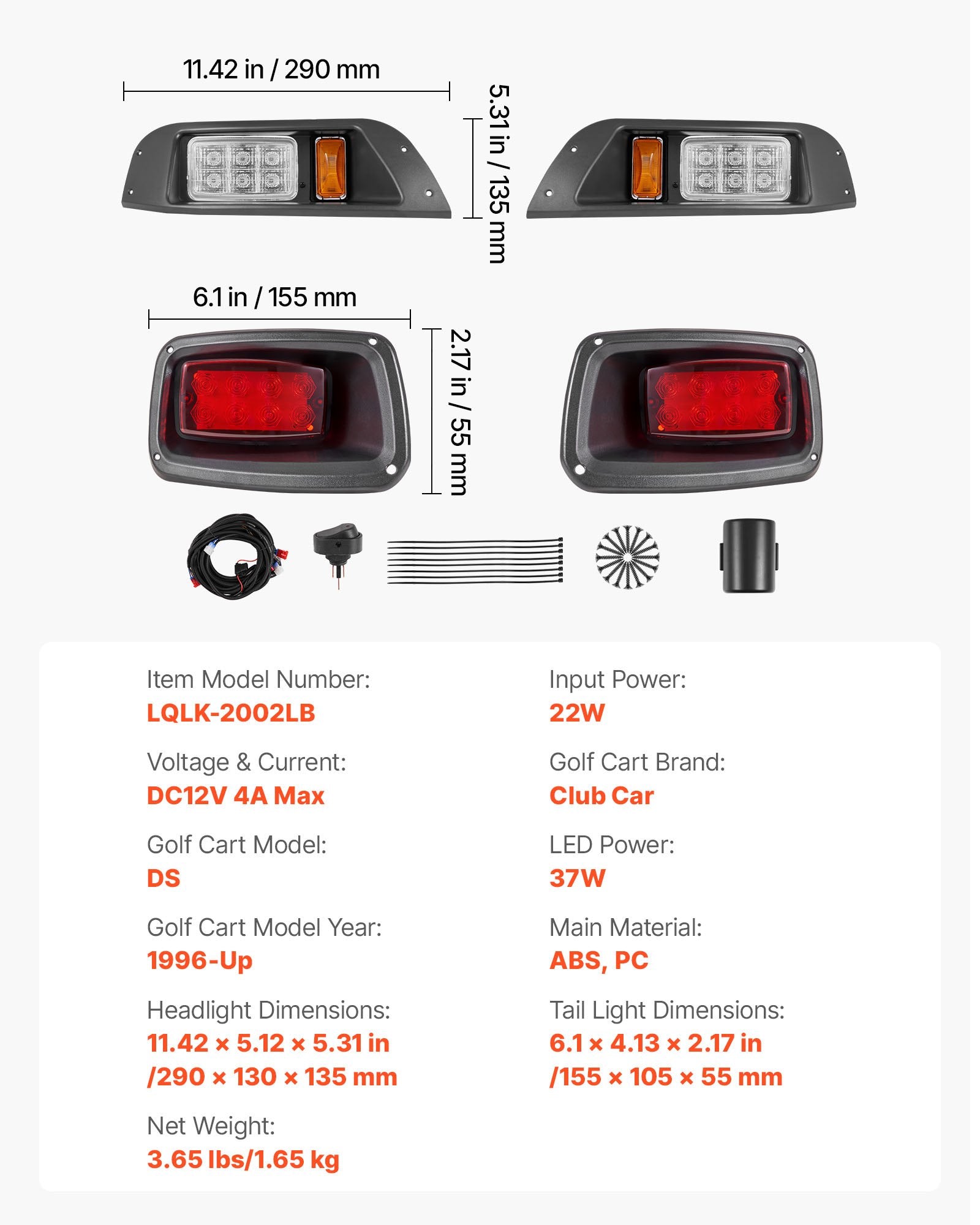 Enhanced 12V LED Light Kit for Club Car DS 1993-Up, High-Brightness, Waterproof, Easy Install, ABS Housing, Perfect for Night Golfing