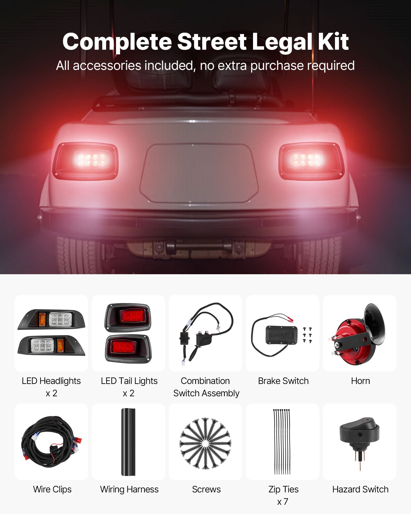Enhanced 12V LED Light Kit for EZGO TXT 1996-2013: Street Legal Headlight & Tail Light with Turn Signals, Horn, ABS Housing, Easy Install