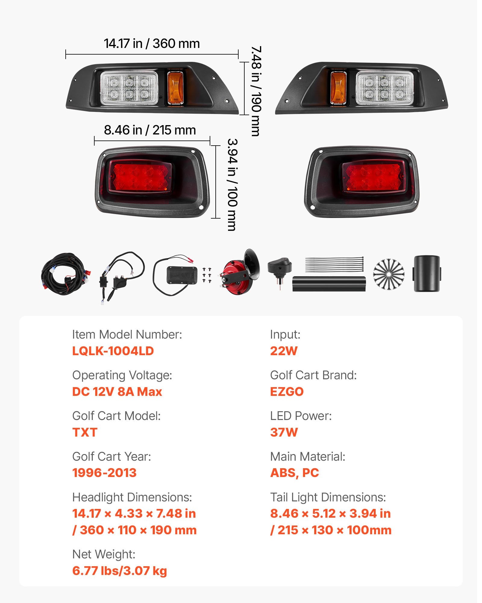 Enhanced 12V LED Light Kit for EZGO TXT 1996-2013: Street Legal Headlight & Tail Light with Turn Signals, Horn, ABS Housing, Easy Install