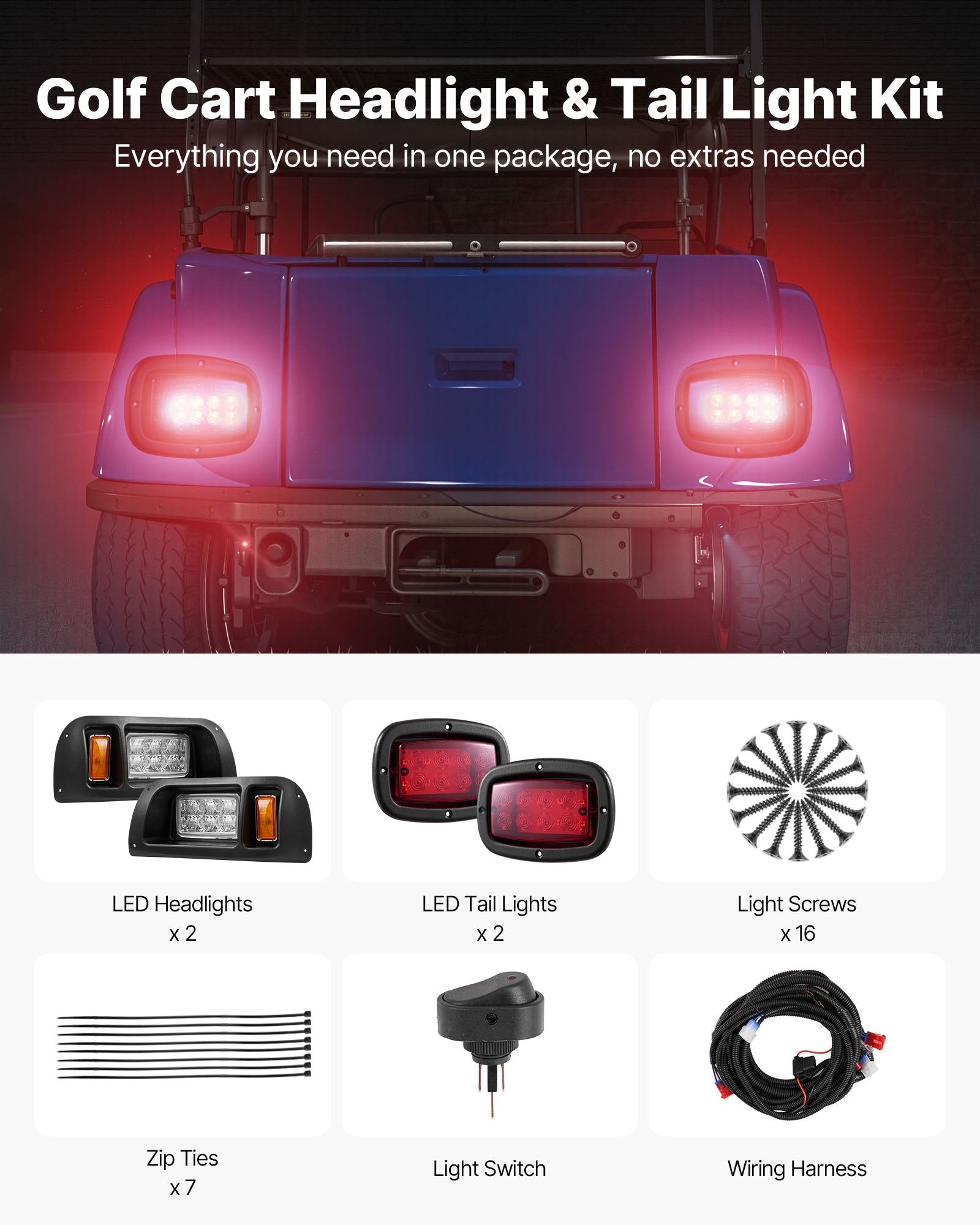 Golf Cart LED Light Kit for EZGO TXT 1996-2013, 12V Waterproof Headlight & Tail Light, High-Brightness, Easy Install, ABS Housing