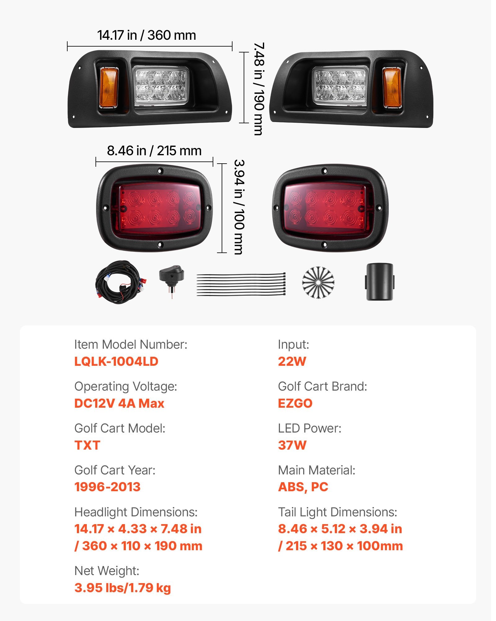 Golf Cart LED Light Kit for EZGO TXT 1996-2013, 12V Waterproof Headlight & Tail Light, High-Brightness, Easy Install, ABS Housing