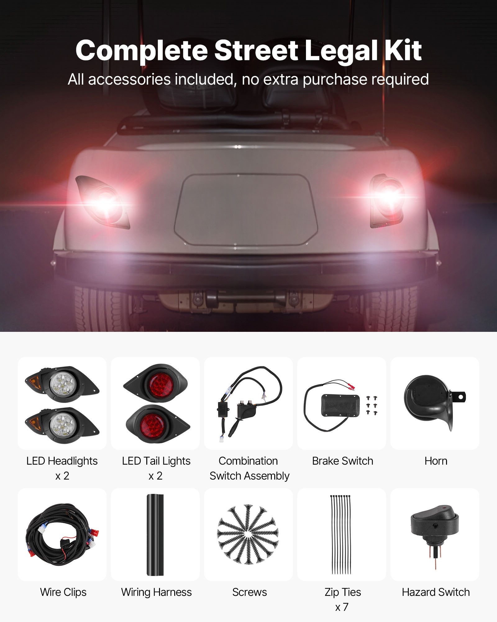 Yamaha G29 Golf Cart LED Light Kit, Street Legal 12V Headlight & Taillight with Turn Signals, Horn, Brake Pad & ABS Housing 2007-Up