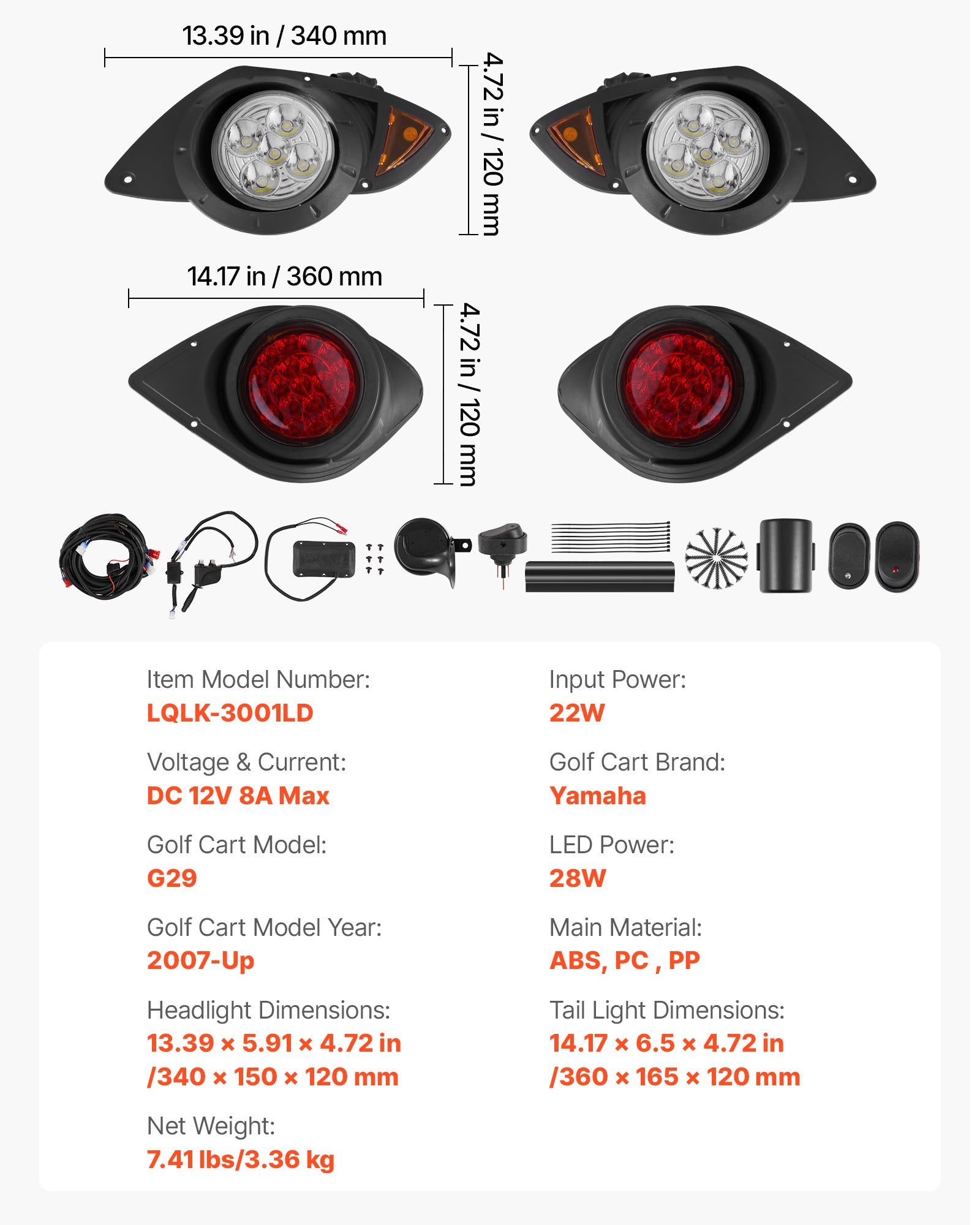 Yamaha G29 Golf Cart LED Light Kit, Street Legal 12V Headlight & Taillight with Turn Signals, Horn, Brake Pad & ABS Housing 2007-Up