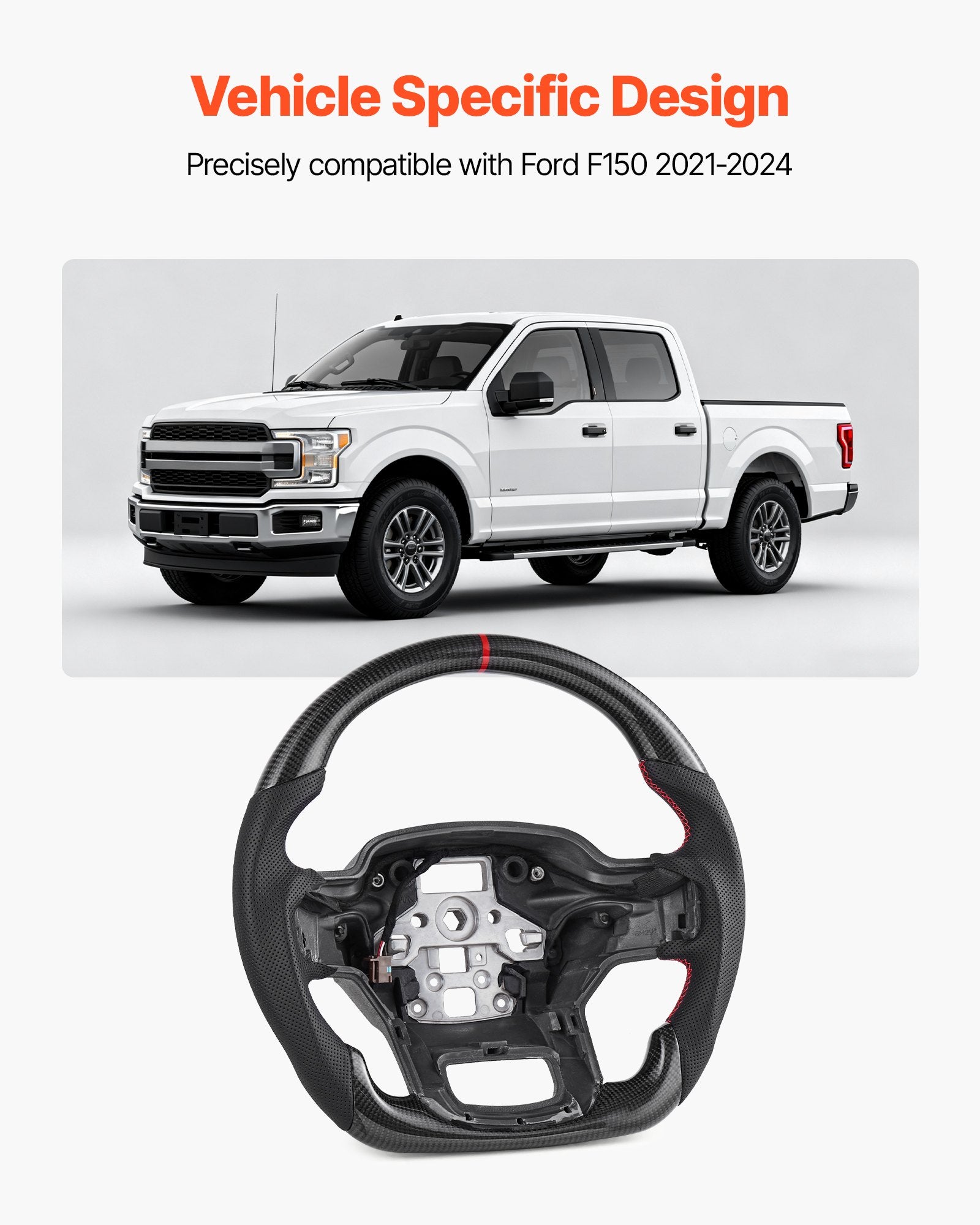 Premium Carbon Fiber Steering Wheel for Ford F150 2021-2024, D-Shaped Heated Design with Leather Grip, Non-Slip Texture, Black Replacement Accessory