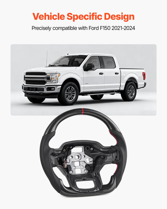 Premium Carbon Fiber Steering Wheel for Ford F150 2021-2024, D-Shaped Heated Design with Leather Grip, Non-Slip Texture, Black Replacement Accessory