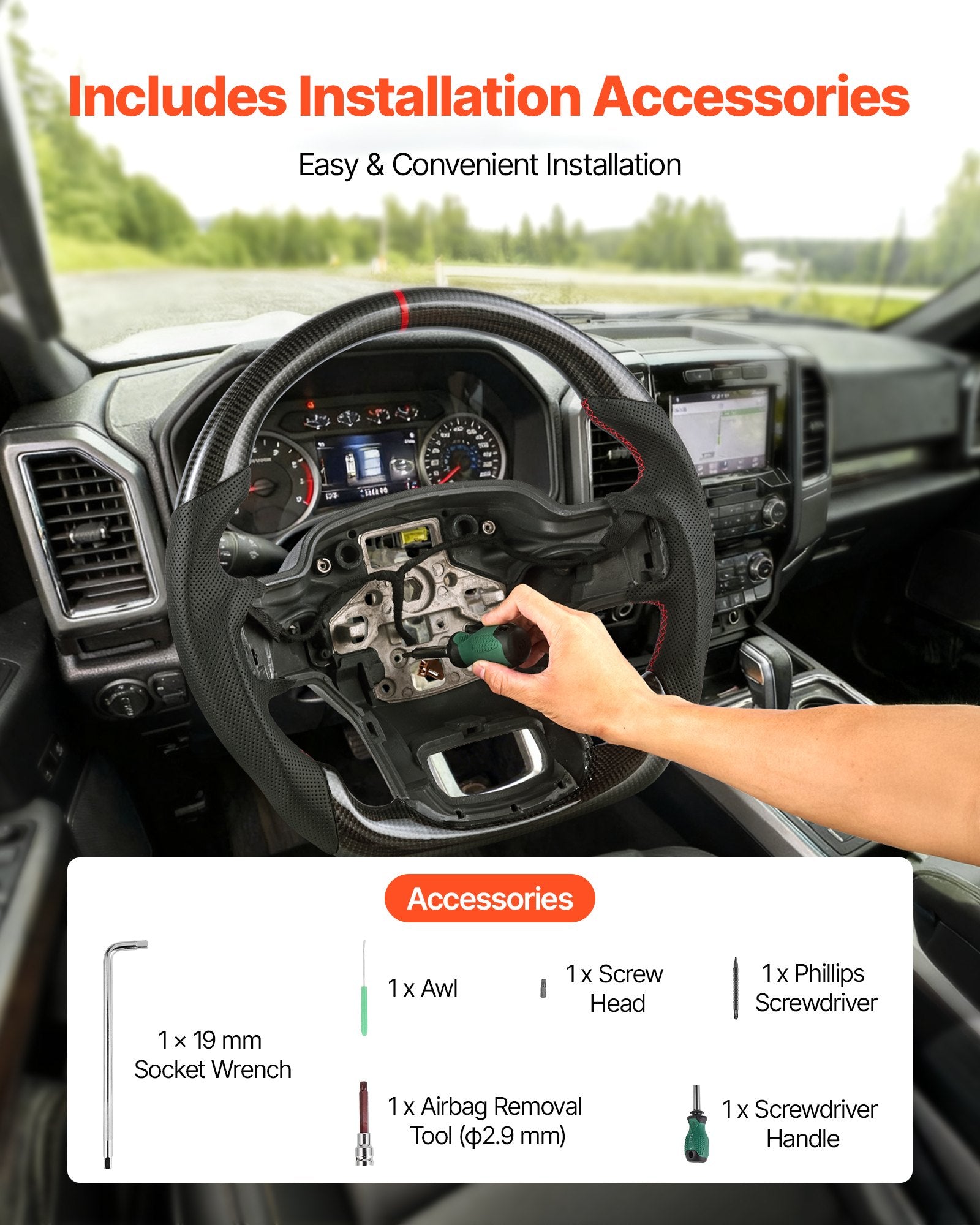 Premium Carbon Fiber Steering Wheel for Ford F150 2021-2024, D-Shaped Heated Design with Leather Grip, Non-Slip Texture, Black Replacement Accessory