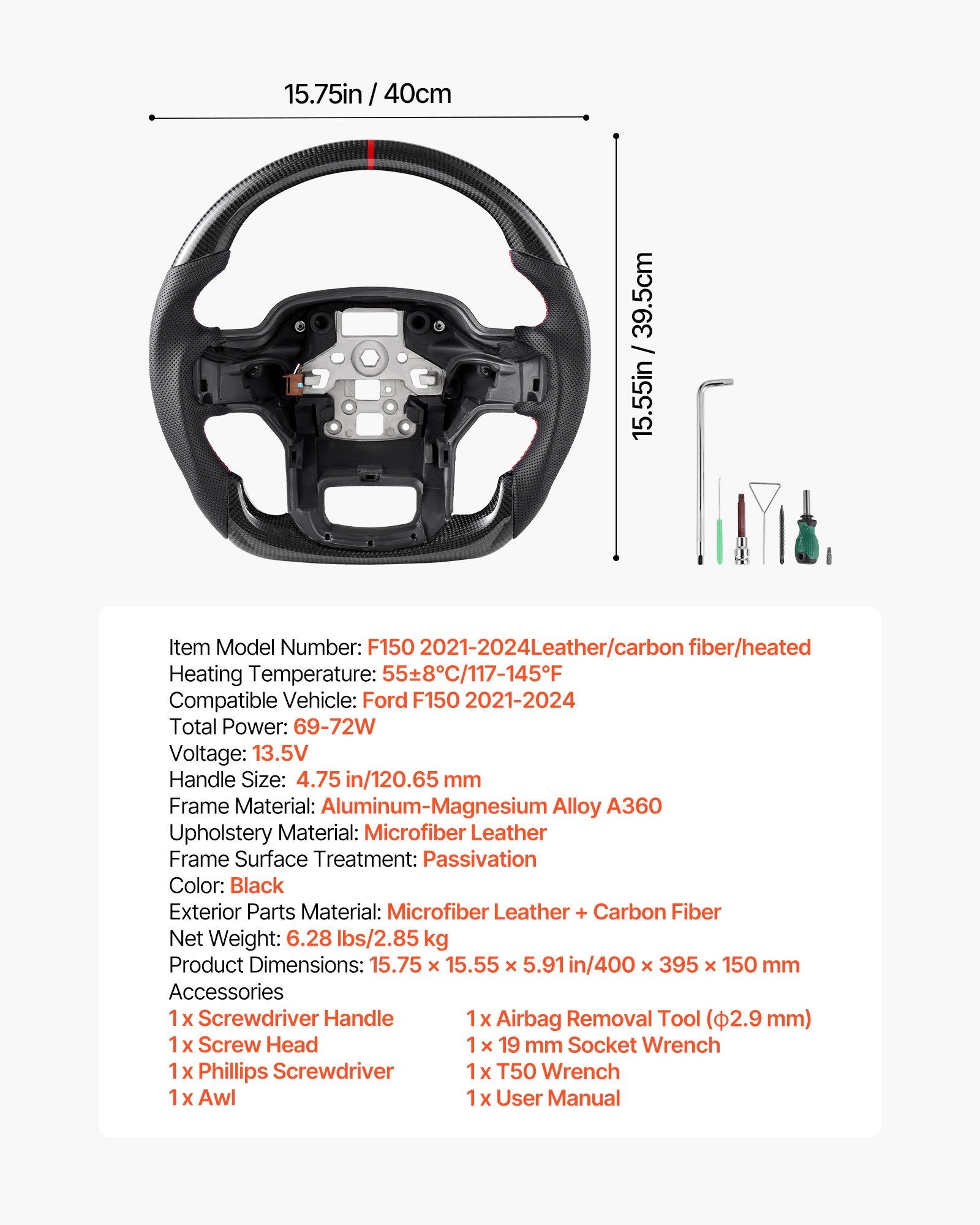 Premium Carbon Fiber Steering Wheel for Ford F150 2021-2024, D-Shaped Heated Design with Leather Grip, Non-Slip Texture, Black Replacement Accessory