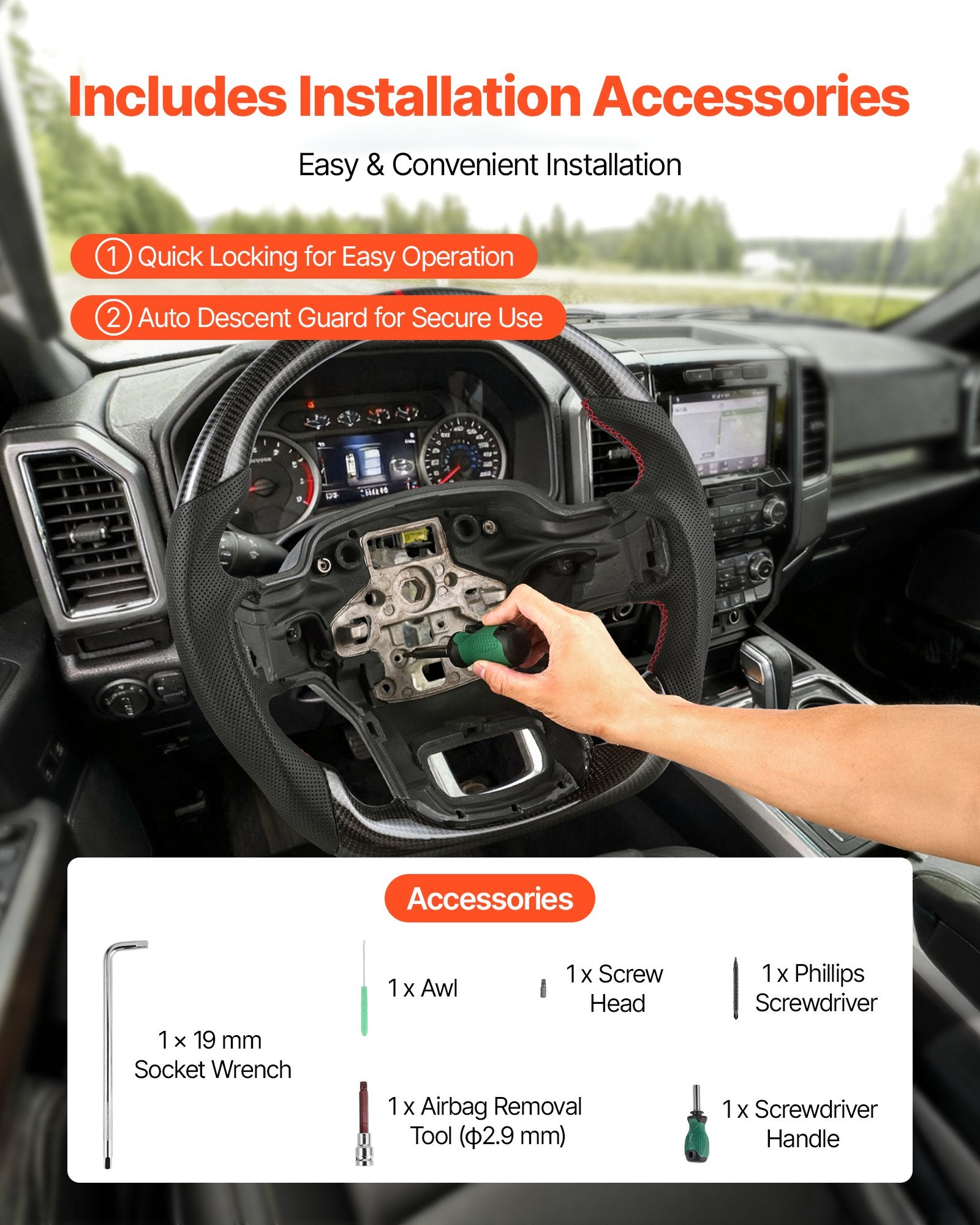Carbon Fiber D-Shaped Steering Wheel for 2021-2024 Ford F150 - Flat-Bottom, Leather Grip, Non-Slip Texture, Premium Replacement, Black