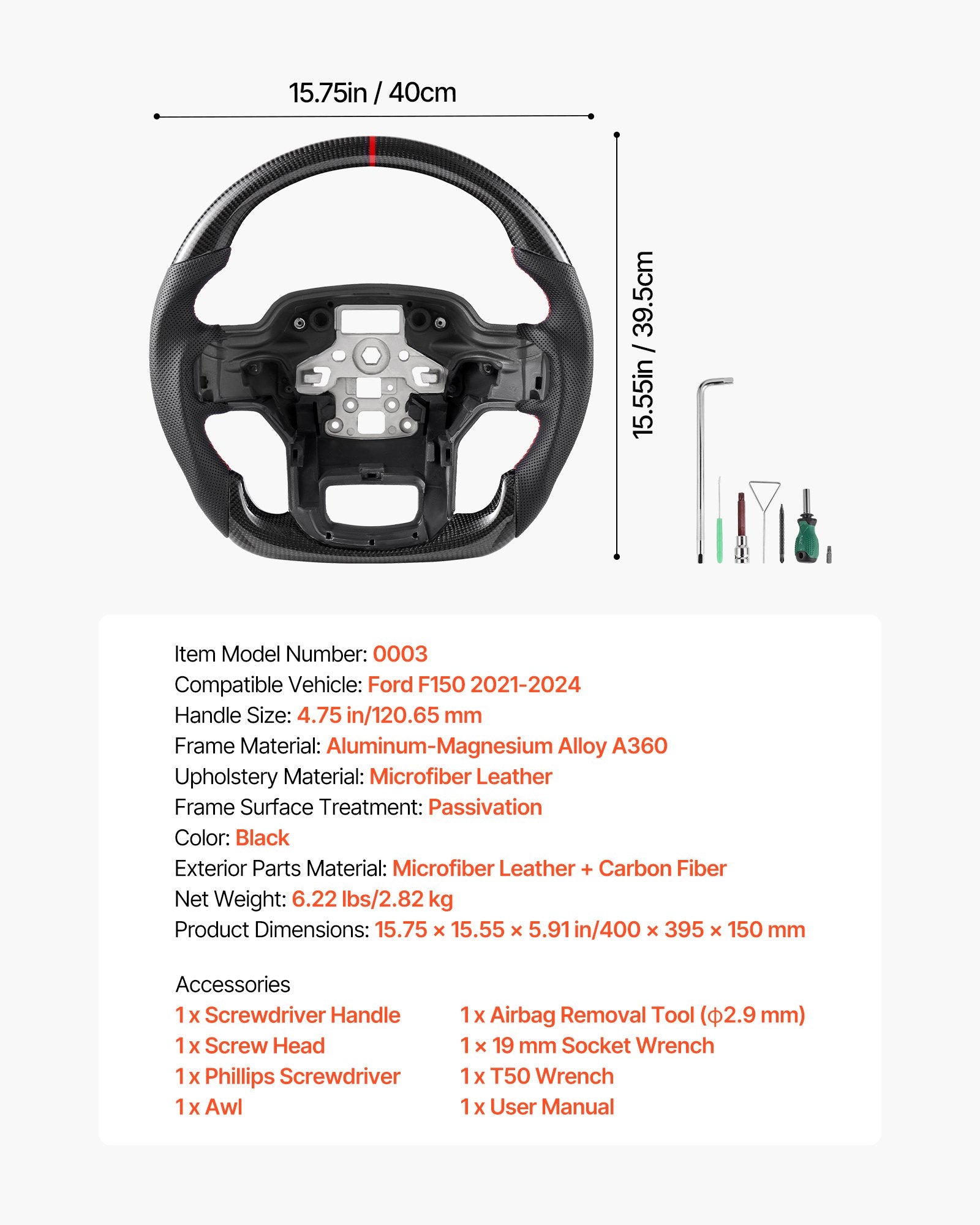 Carbon Fiber D-Shaped Steering Wheel for 2021-2024 Ford F150 - Flat-Bottom, Leather Grip, Non-Slip Texture, Premium Replacement, Black