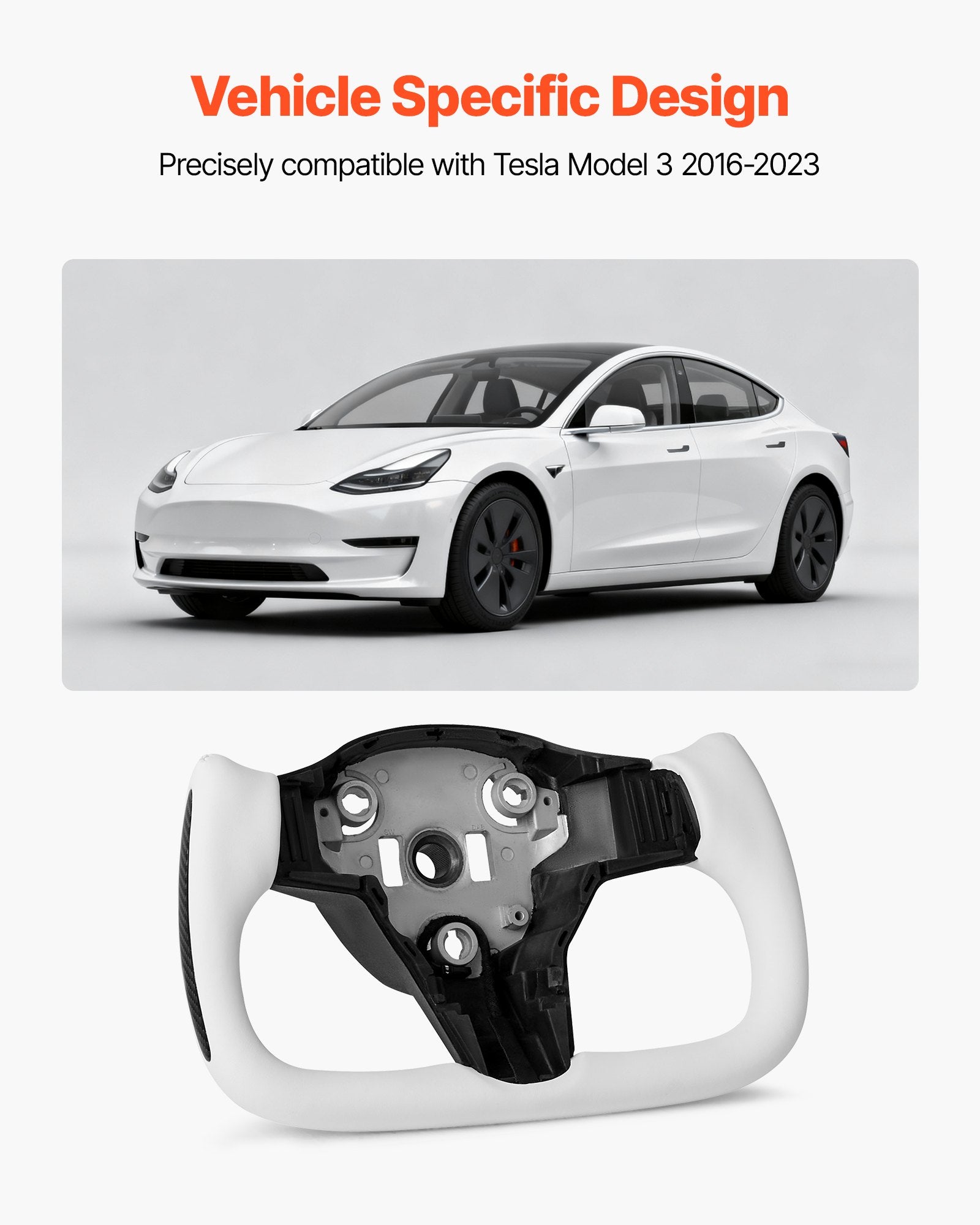 Enhanced D-Shaped Heated Steering Wheel for 2016-2023 Tesla Model 3 - Carbon Fiber, Leather Grip, Flat-Bottom, White, Easy Install