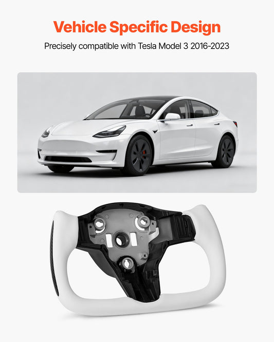 Enhanced D-Shaped Heated Steering Wheel for 2016-2023 Tesla Model 3 - Carbon Fiber, Leather Grip, Flat-Bottom, White, Easy Install
