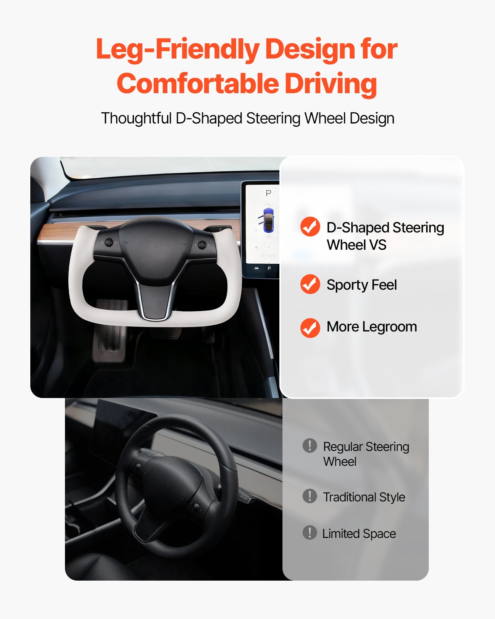 Enhanced D-Shaped Heated Steering Wheel for 2016-2023 Tesla Model 3 - Carbon Fiber, Leather Grip, Flat-Bottom, White, Easy Install
