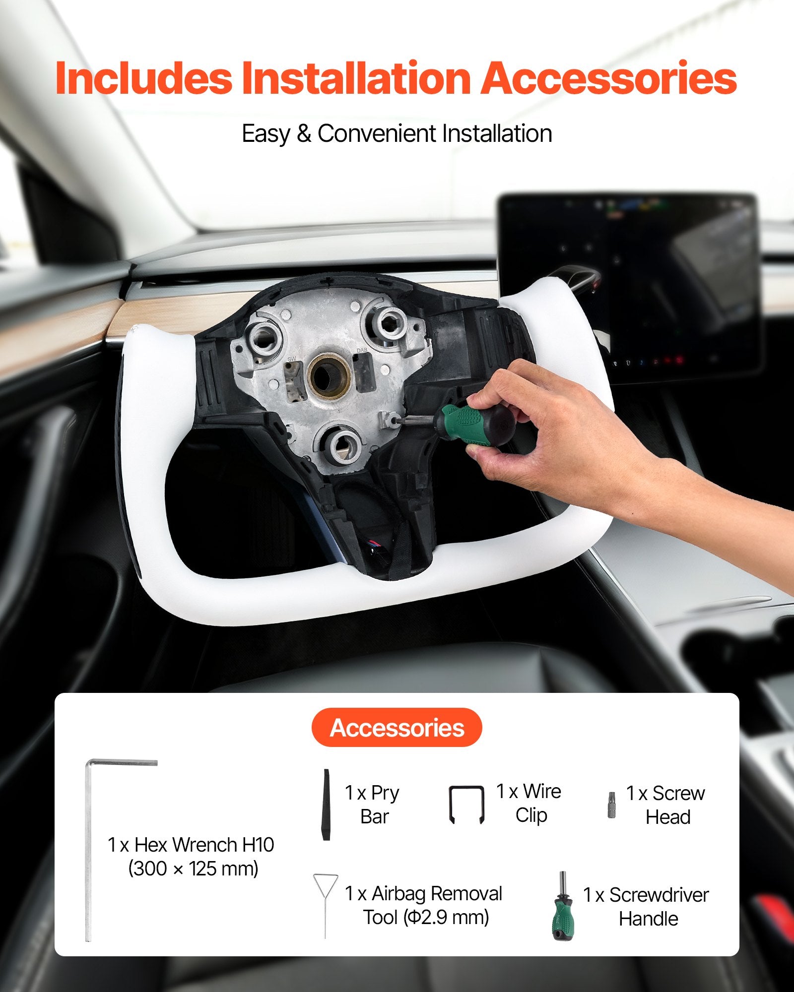 Enhanced D-Shaped Heated Steering Wheel for 2016-2023 Tesla Model 3 - Carbon Fiber, Leather Grip, Flat-Bottom, White, Easy Install