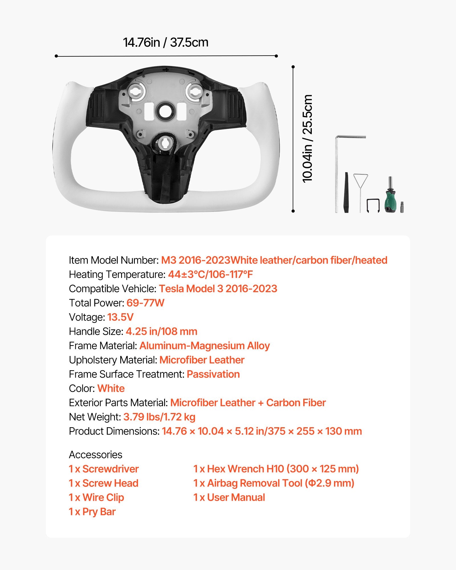Enhanced D-Shaped Heated Steering Wheel for 2016-2023 Tesla Model 3 - Carbon Fiber, Leather Grip, Flat-Bottom, White, Easy Install
