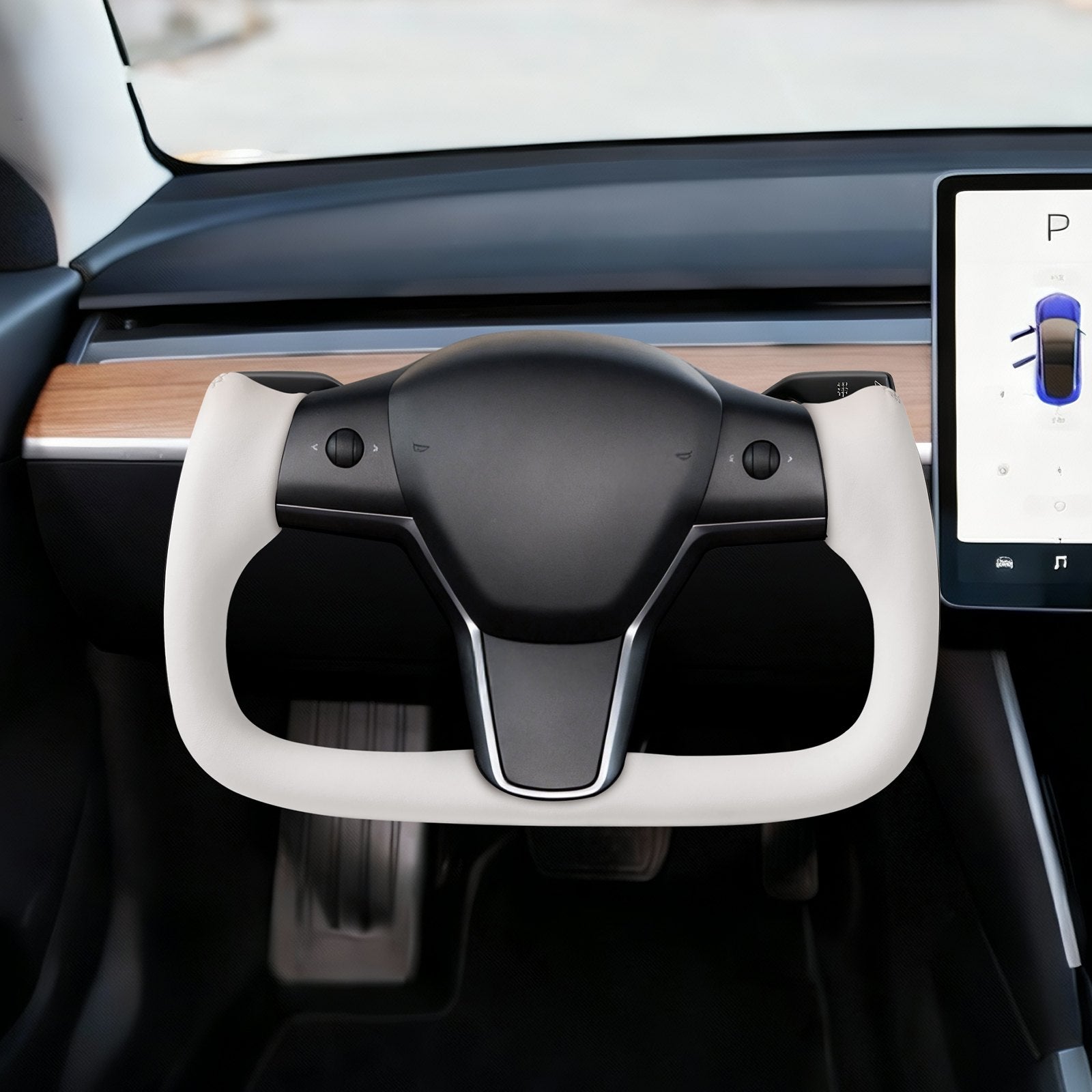 Enhanced D-Shaped Heated Steering Wheel for 2016-2023 Tesla Model 3 - Carbon Fiber, Leather Grip, Flat-Bottom, White, Easy Install