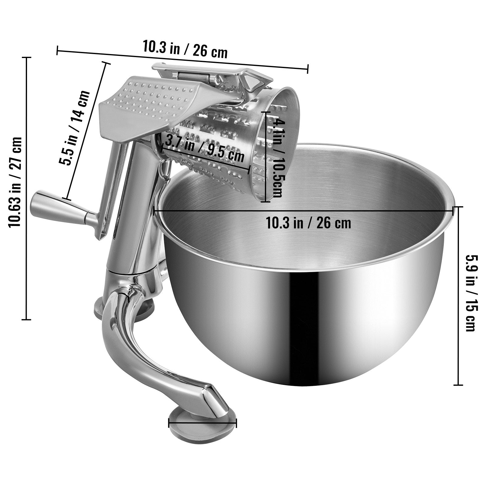 Efficient Zinc Alloy Rotary Cheese & Vegetable Grater with 5 Stainless Steel Cones, 2.5L Bowl, Non-Slip Suction, Manual Mandoline Shredder