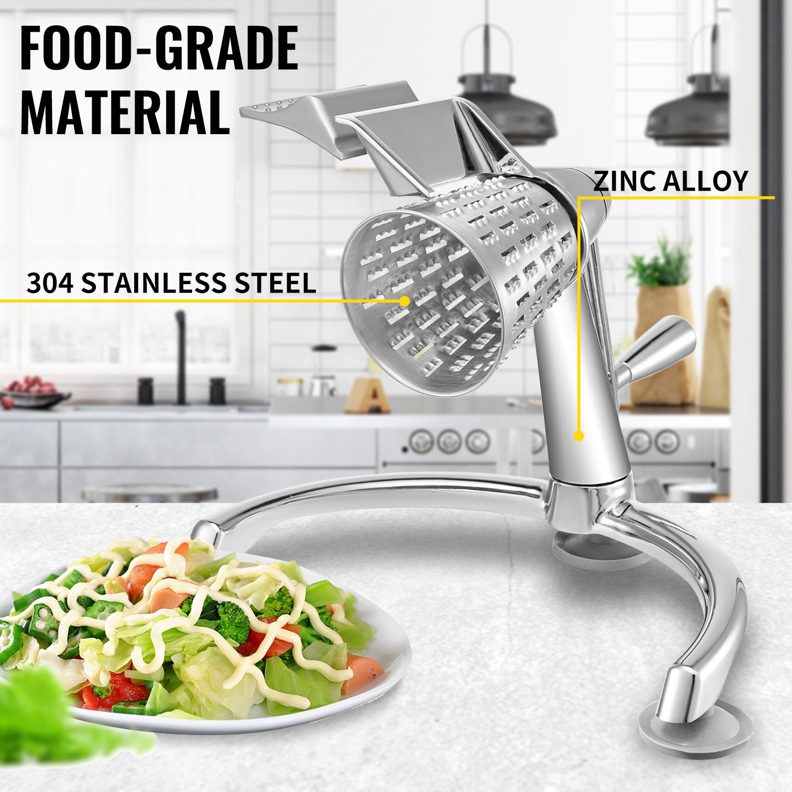 Efficient Zinc Alloy Rotary Cheese & Vegetable Grater with 5 Stainless Steel Cones, 2.5L Bowl, Non-Slip Suction, Manual Mandoline Shredder