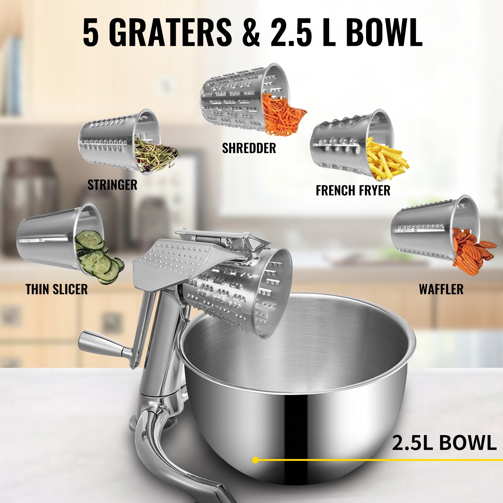 Efficient Zinc Alloy Rotary Cheese & Vegetable Grater with 5 Stainless Steel Cones, 2.5L Bowl, Non-Slip Suction, Manual Mandoline Shredder