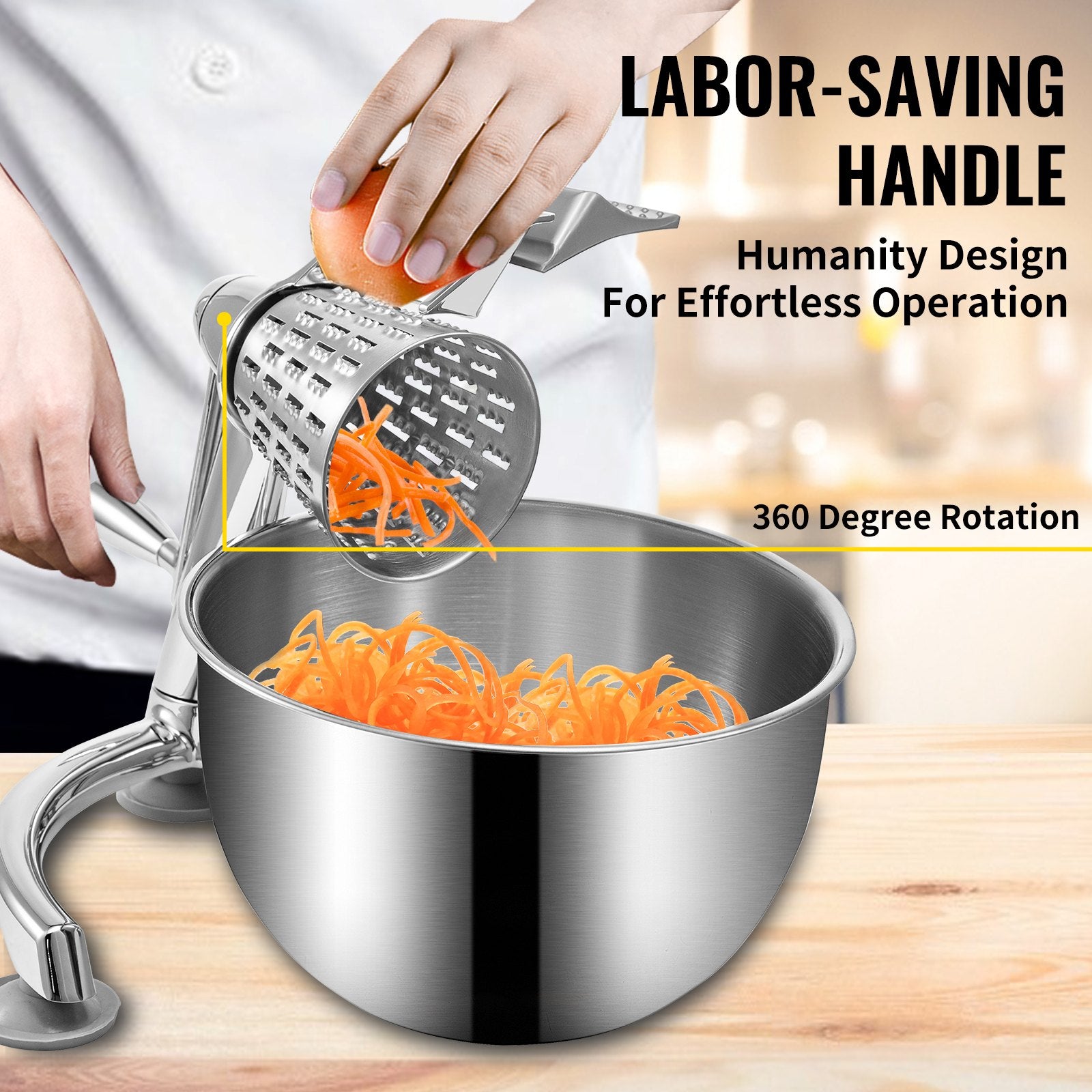 Efficient Zinc Alloy Rotary Cheese & Vegetable Grater with 5 Stainless Steel Cones, 2.5L Bowl, Non-Slip Suction, Manual Mandoline Shredder