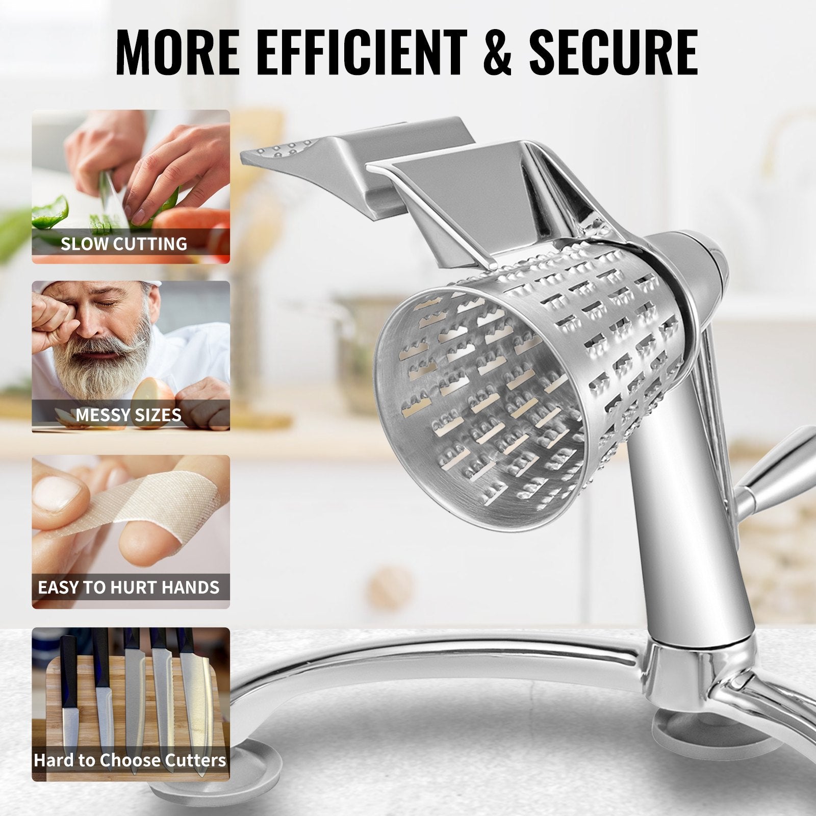 Efficient Zinc Alloy Rotary Cheese & Vegetable Grater with 5 Stainless Steel Cones, 2.5L Bowl, Non-Slip Suction, Manual Mandoline Shredder