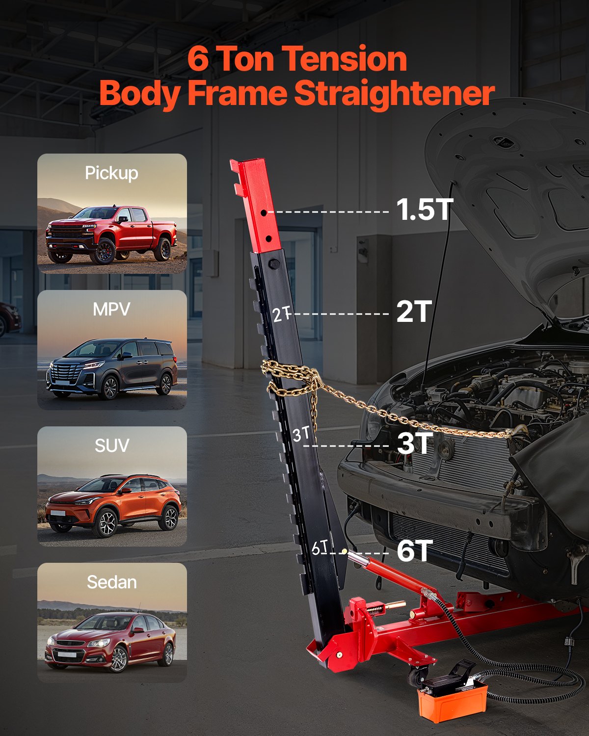 Heavy-Duty Auto Body Frame Straightener: 6T Tension, 6000PSI Hydraulic Pump, 16 Tools for Sedan, SUV, Pickup Repair Shop Use