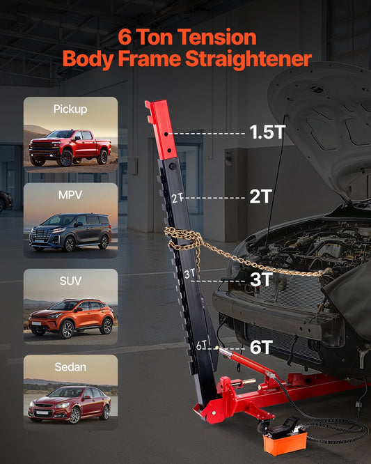 Heavy-Duty Auto Body Frame Straightener: 6T Tension, 6000PSI Hydraulic Pump, 16 Tools for Sedan, SUV, Pickup Repair Shop Use