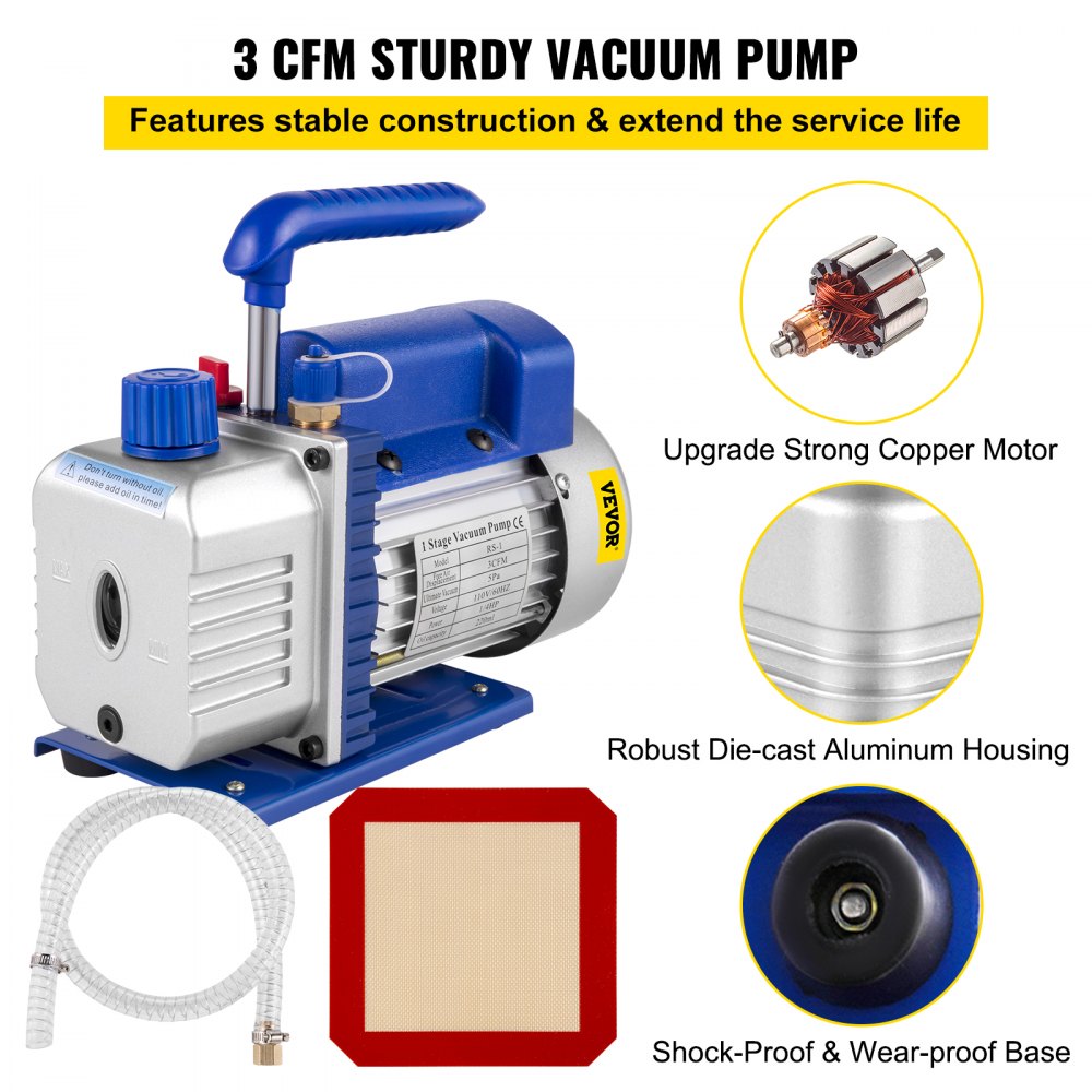 VEVOR 3 CFM Vacuum Pump 1/4 HP with 3 Gallon Stainless Steel Vacuum Degassing Chamber Kit Air Vacuum Pump HVAC Refrigeration Tool