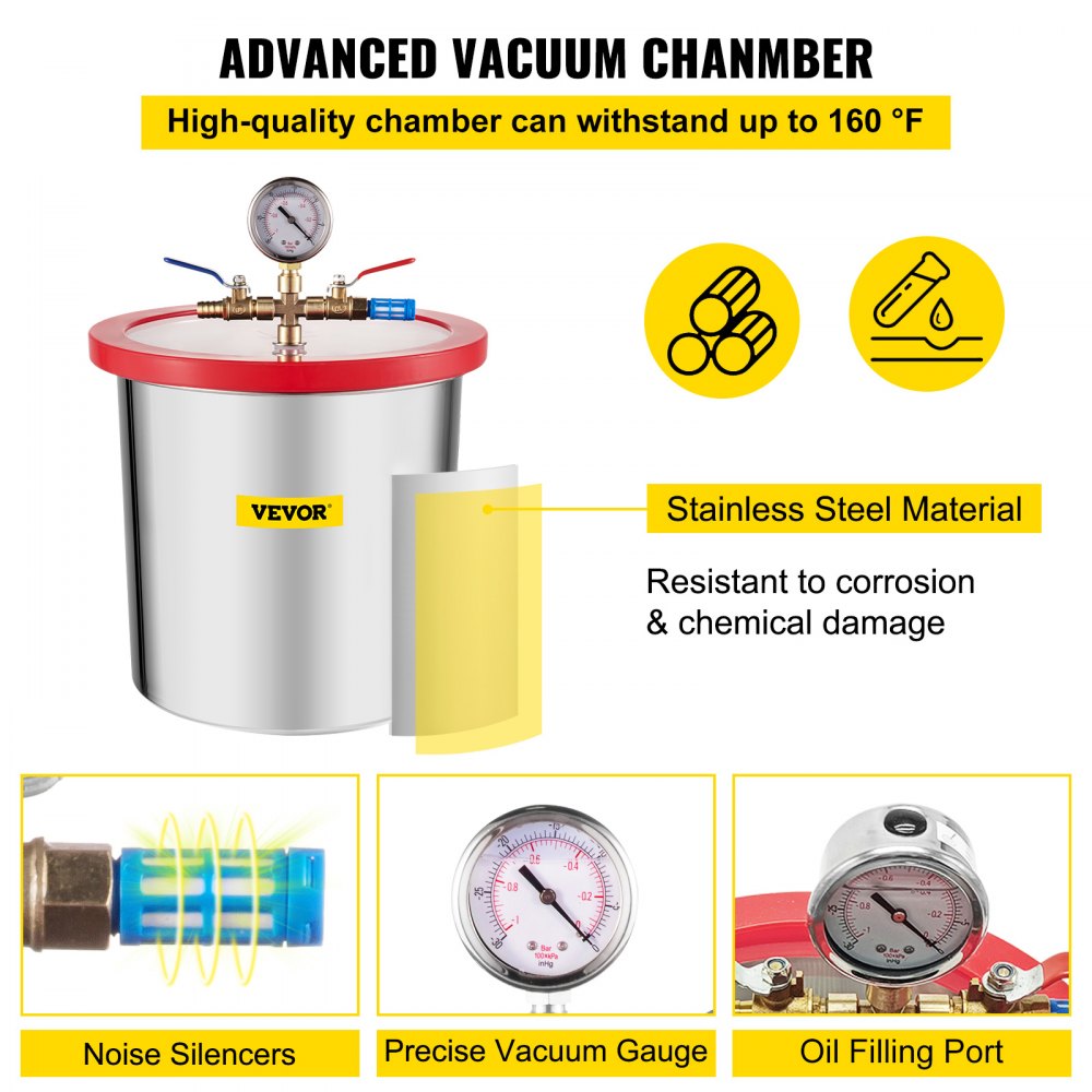 VEVOR 3 CFM Vacuum Pump 1/4 HP with 3 Gallon Stainless Steel Vacuum Degassing Chamber Kit Air Vacuum Pump HVAC Refrigeration Tool