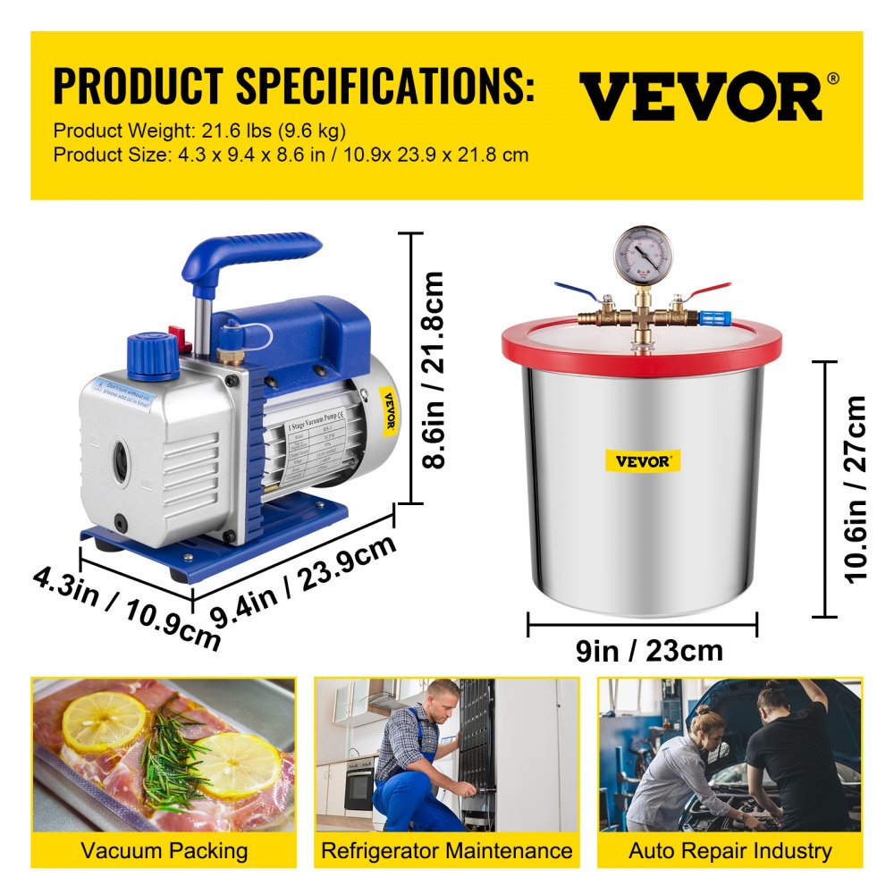VEVOR 3 CFM Vacuum Pump 1/4 HP with 3 Gallon Stainless Steel Vacuum Degassing Chamber Kit Air Vacuum Pump HVAC Refrigeration Tool