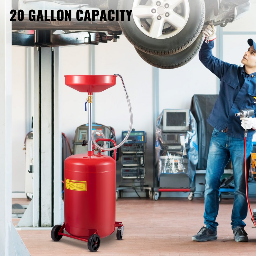 20 Gallon Portable Air-Operated Oil Drain Tank with Adjustable Funnel and Wheels for Effortless Oil Changes and Fluid Transfer