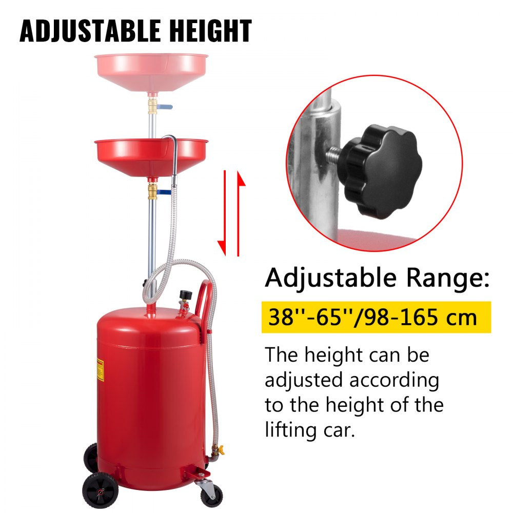 20 Gallon Portable Air-Operated Oil Drain Tank with Adjustable Funnel and Wheels for Effortless Oil Changes and Fluid Transfer