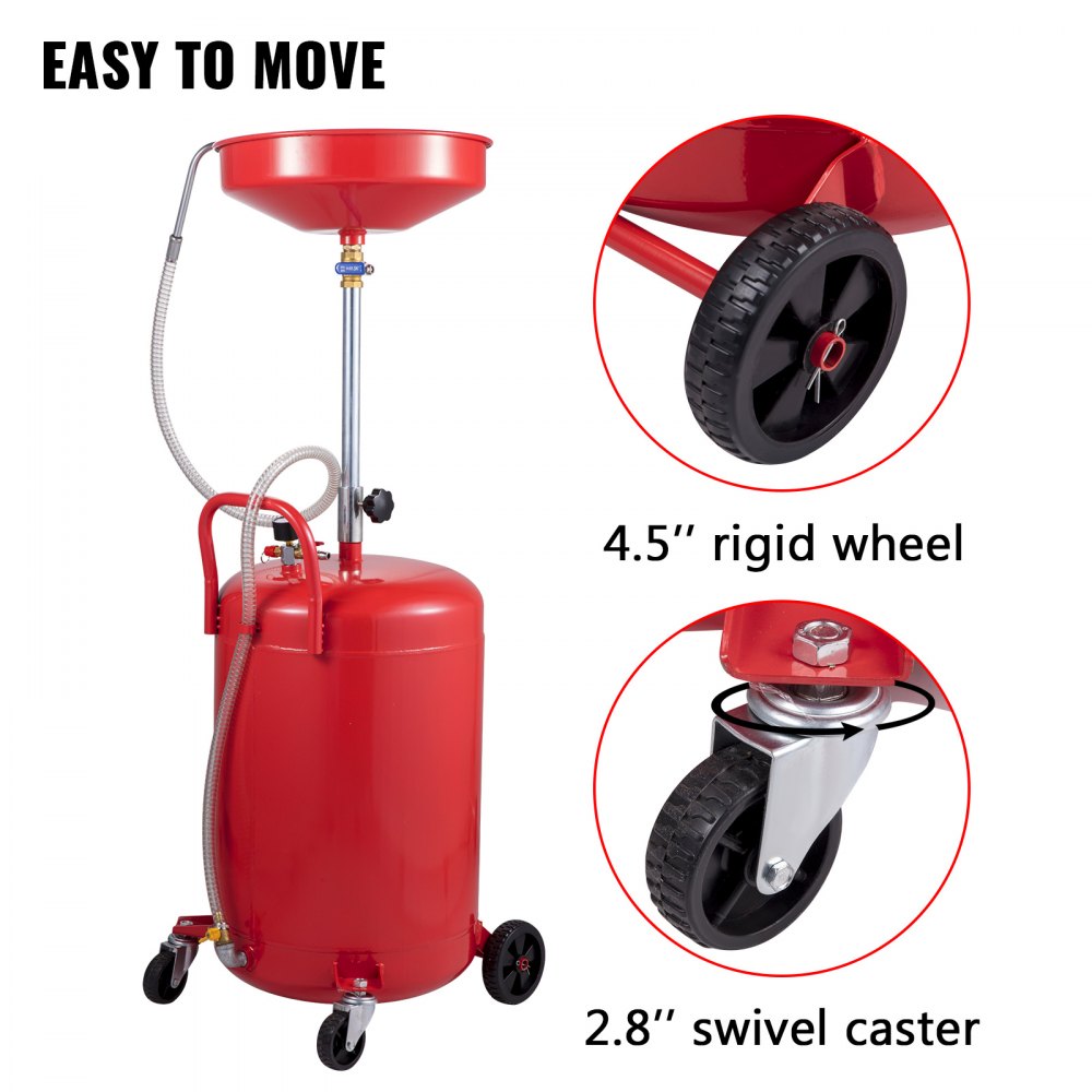 20 Gallon Portable Air-Operated Oil Drain Tank with Adjustable Funnel and Wheels for Effortless Oil Changes and Fluid Transfer