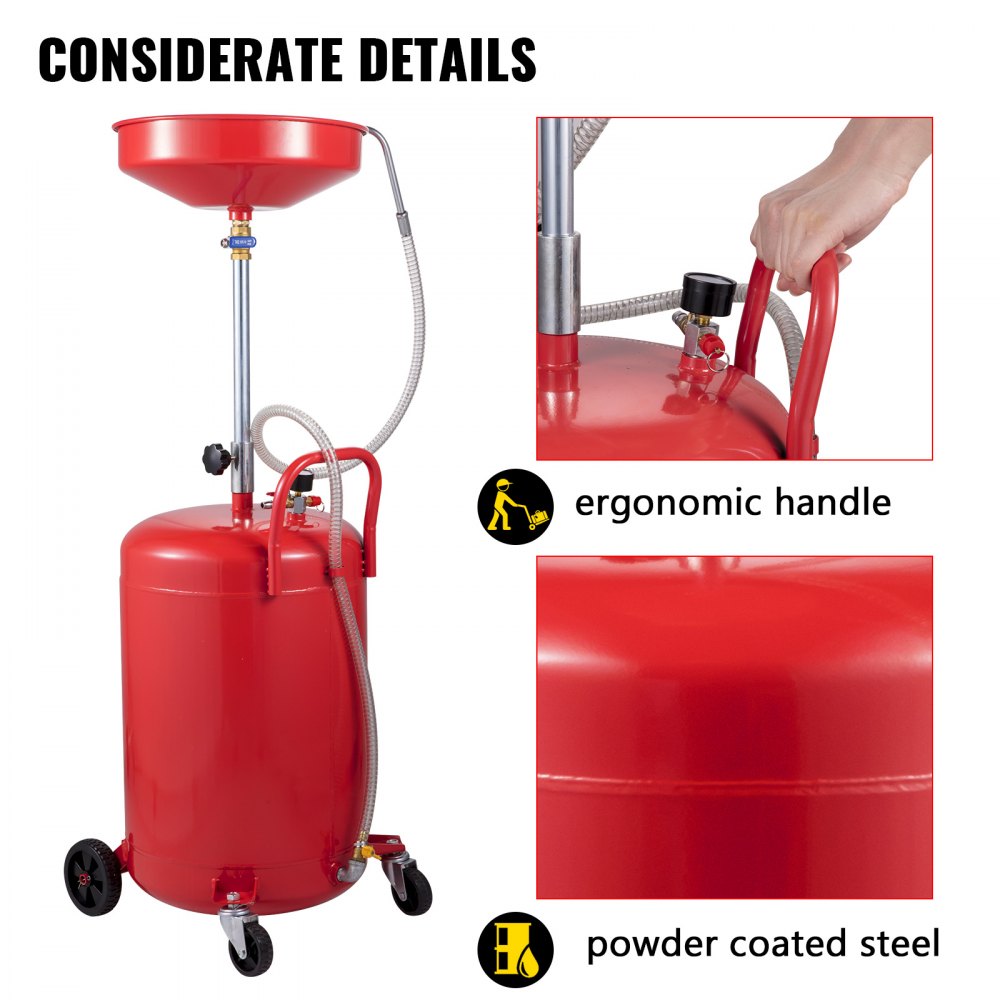20 Gallon Portable Air-Operated Oil Drain Tank with Adjustable Funnel and Wheels for Effortless Oil Changes and Fluid Transfer