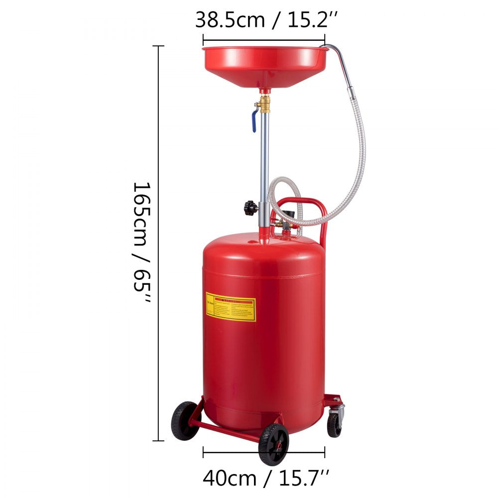 20 Gallon Portable Air-Operated Oil Drain Tank with Adjustable Funnel and Wheels for Effortless Oil Changes and Fluid Transfer