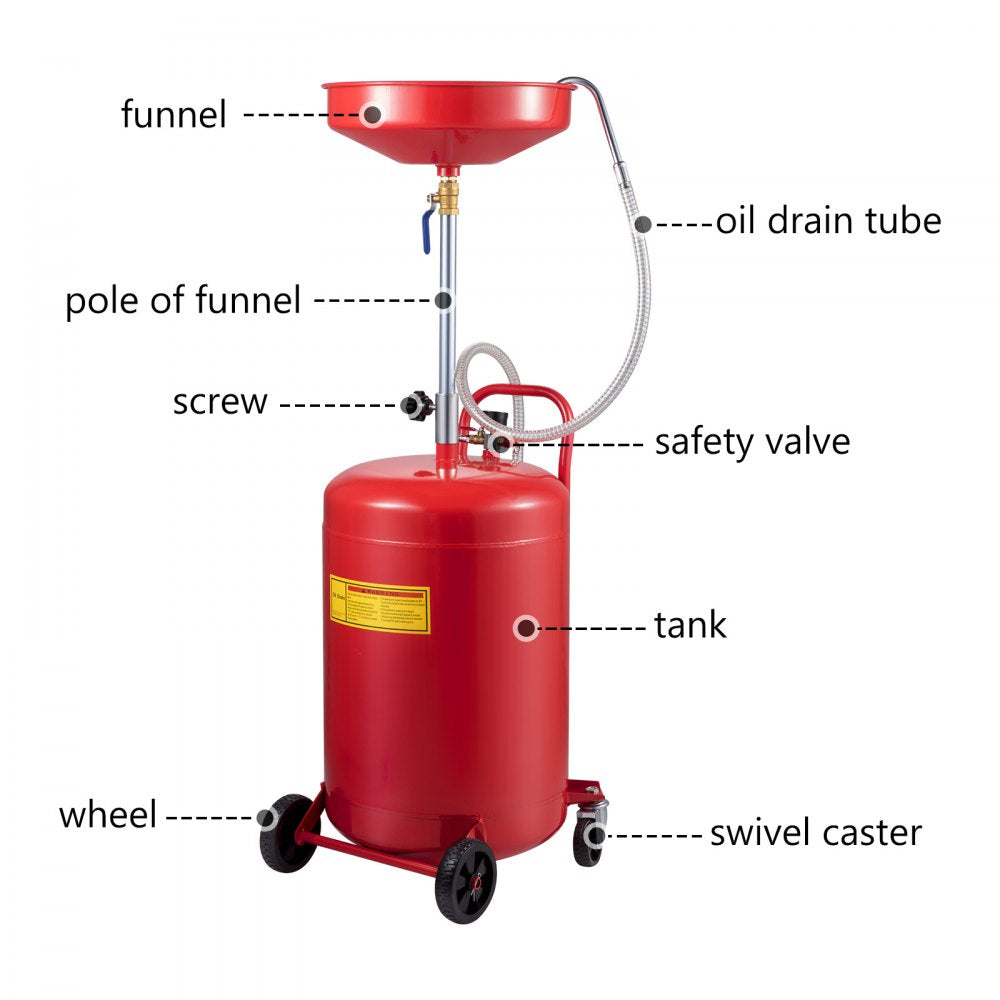 20 Gallon Portable Air-Operated Oil Drain Tank with Adjustable Funnel and Wheels for Effortless Oil Changes and Fluid Transfer