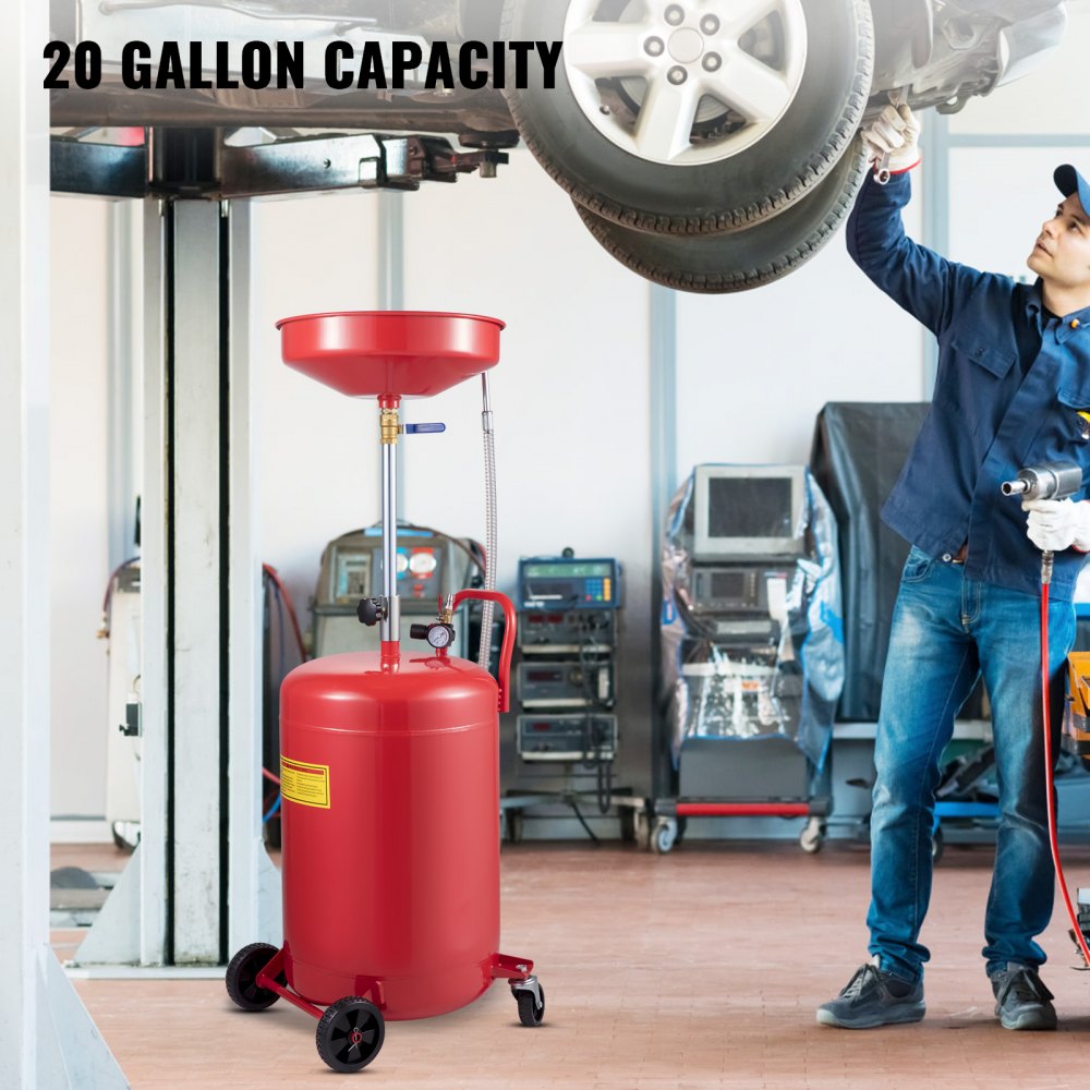 Portable 20 Gallon Waste Oil Drain Tank with Adjustable Funnel and Air Operated System for Efficient Oil Changes and Fluid Transfer