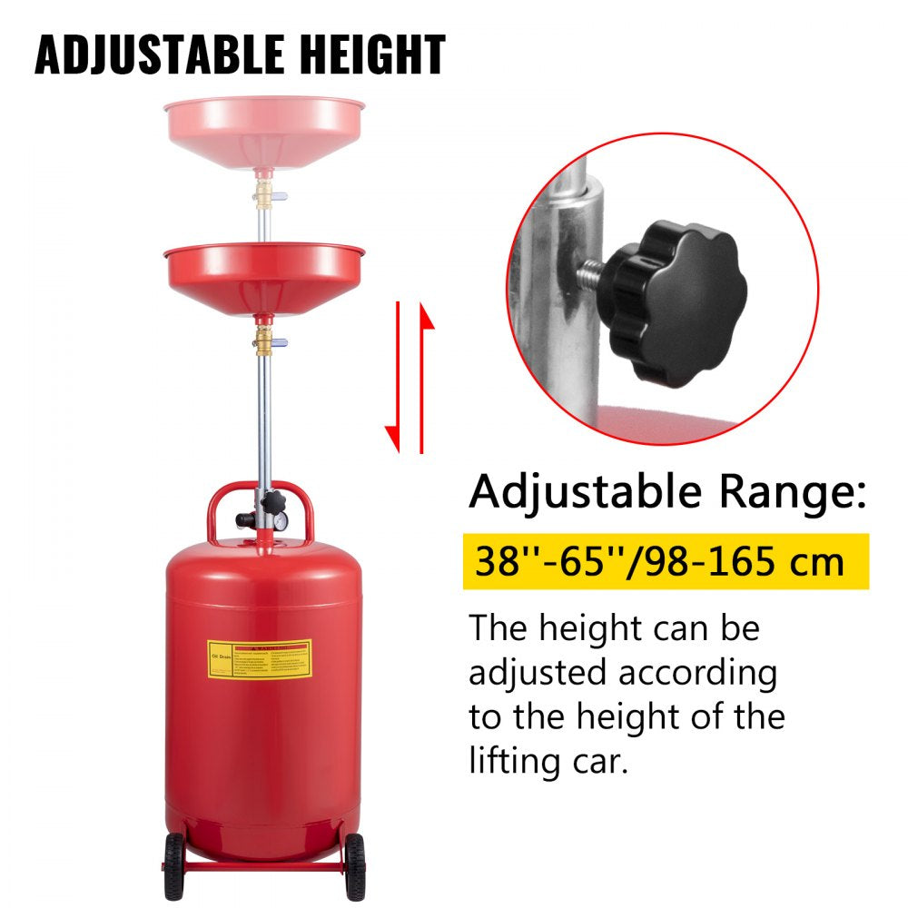 Portable 20 Gallon Waste Oil Drain Tank with Adjustable Funnel and Air Operated System for Efficient Oil Changes and Fluid Transfer