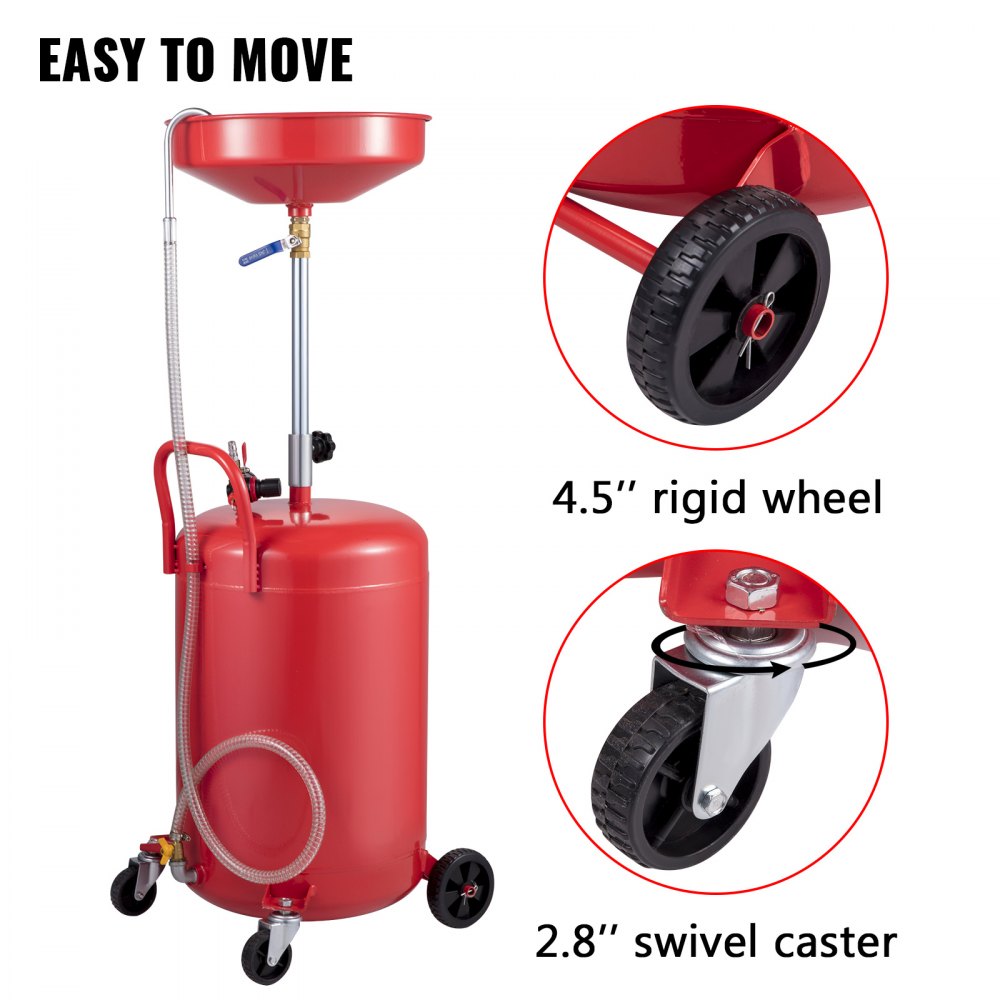 Portable 20 Gallon Waste Oil Drain Tank with Adjustable Funnel and Air Operated System for Efficient Oil Changes and Fluid Transfer