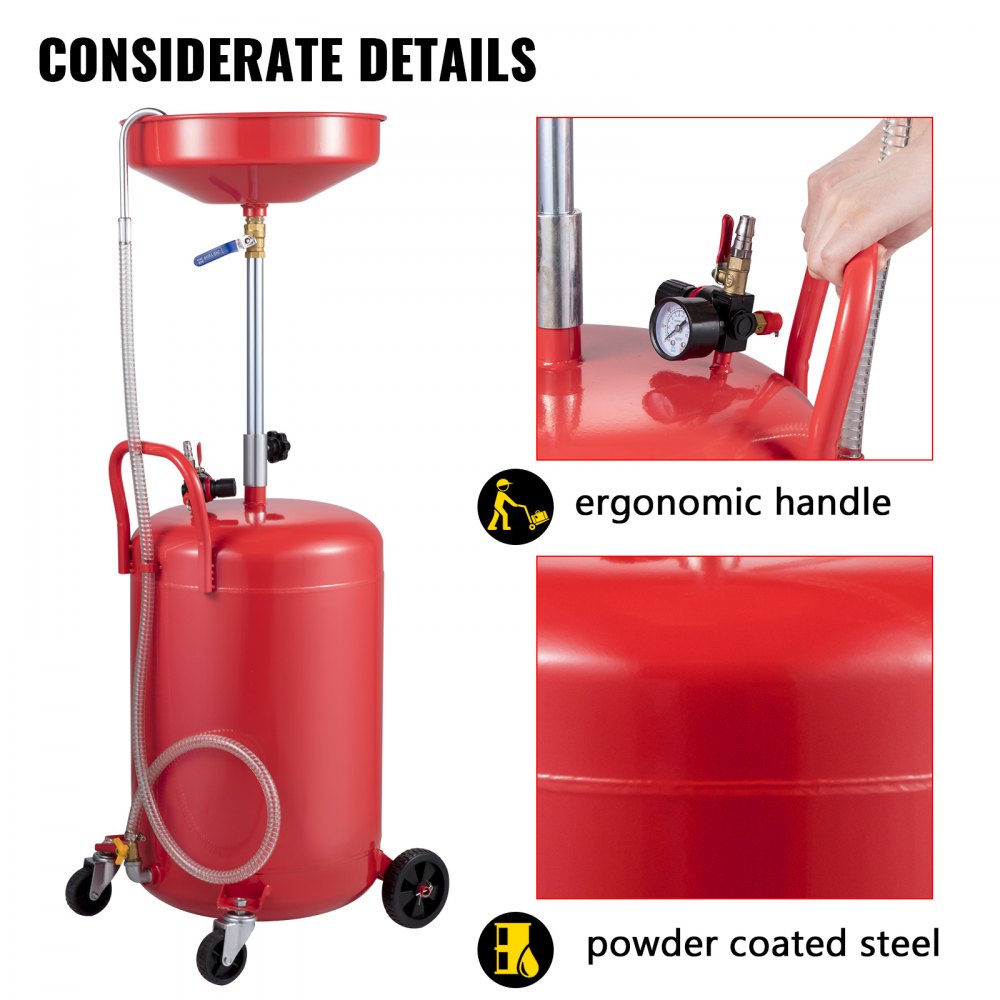 Portable 20 Gallon Waste Oil Drain Tank with Adjustable Funnel and Air Operated System for Efficient Oil Changes and Fluid Transfer